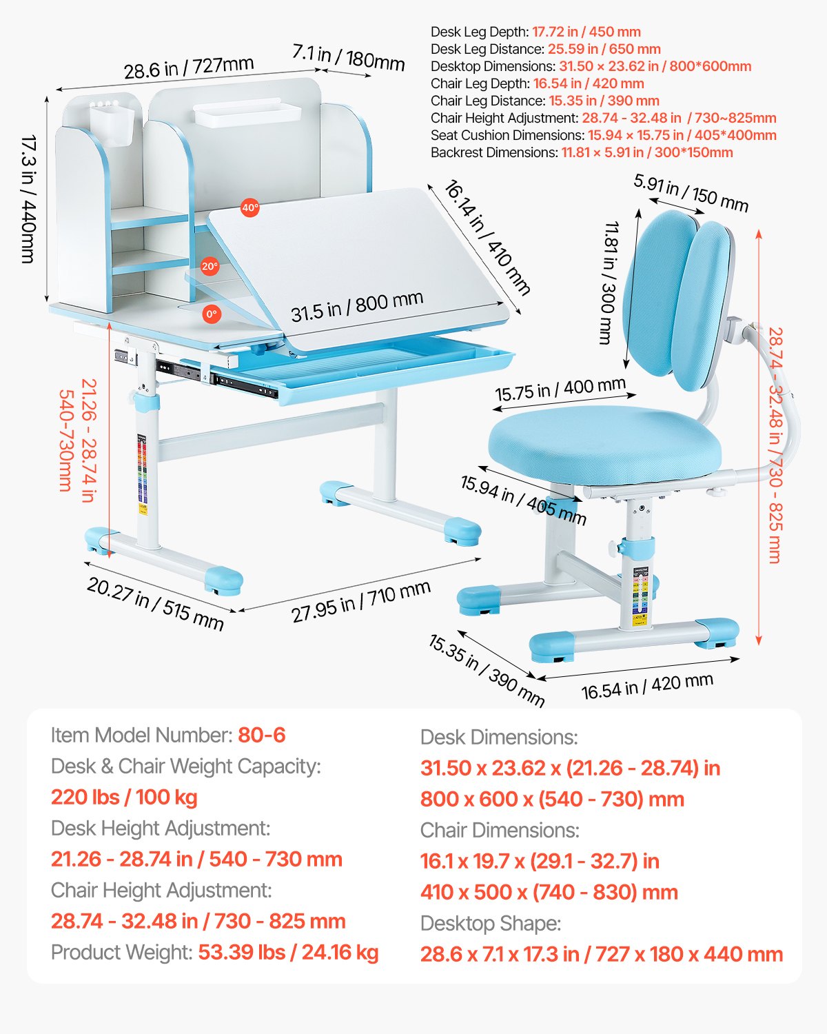 VEVOR Kids Study Chair and Desk with Bookshelf & Drawer Height Adjustable Blue 