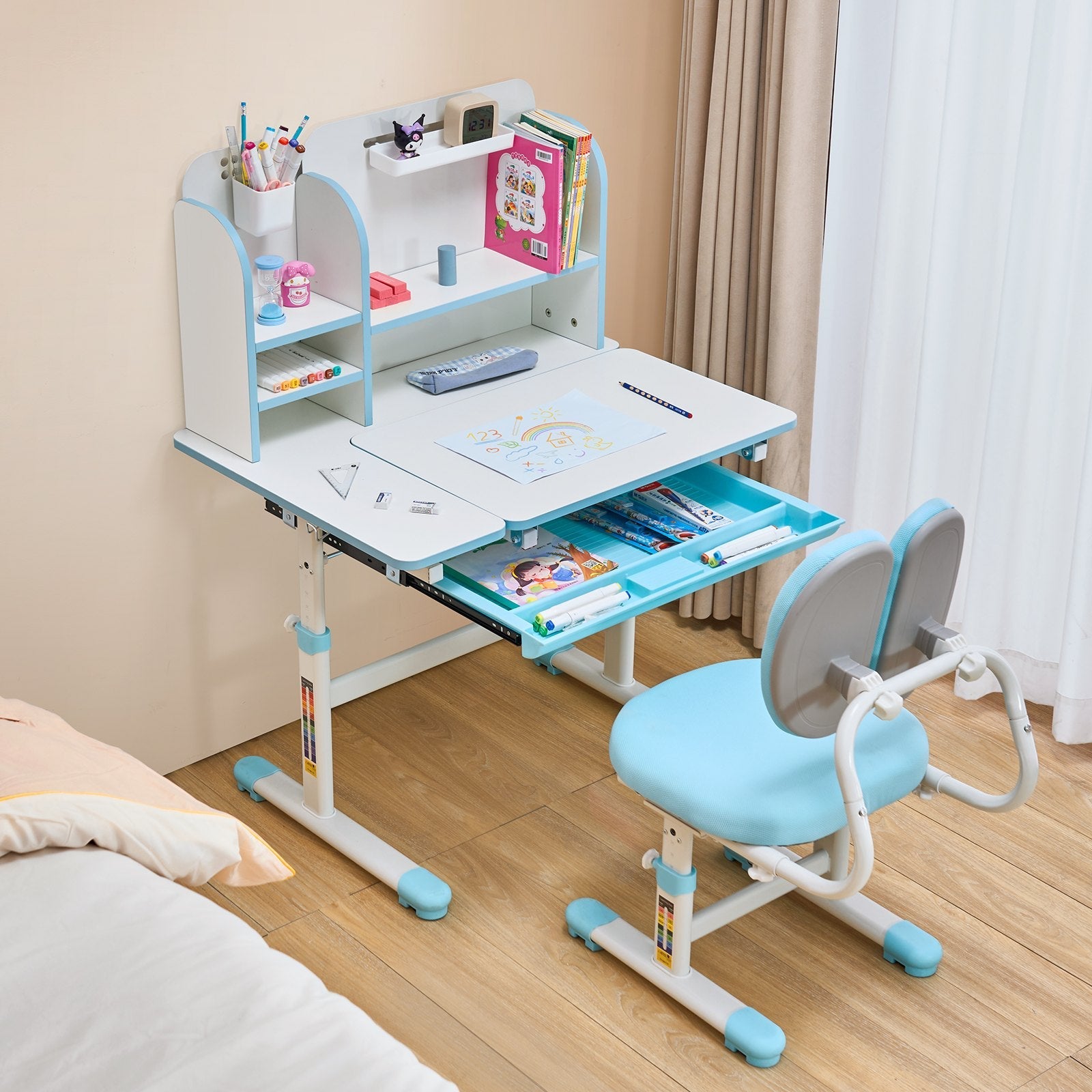 VEVOR Kids Study Chair and Desk with Bookshelf & Drawer Height Adjustable Blue 