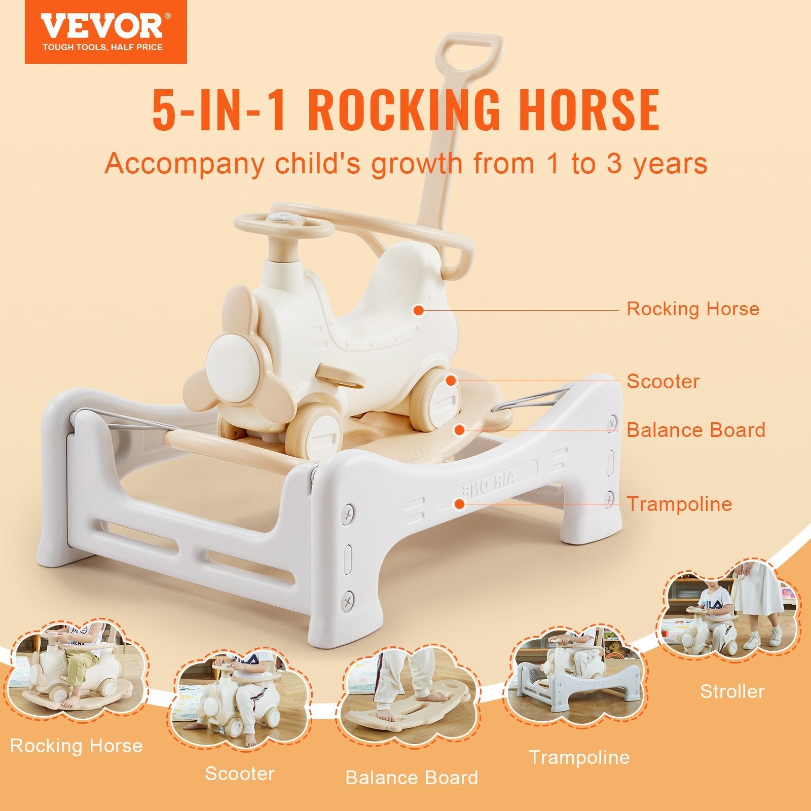VEVOR 5 in 1 Rocking Horse for Toddlers 1-3 Years, Baby Rocking Horse with Trampoline, Detachable Balance Board, Push Handle and 4 Smooth Wheels, Support to 80lbs Kids Ride on Toy, White 