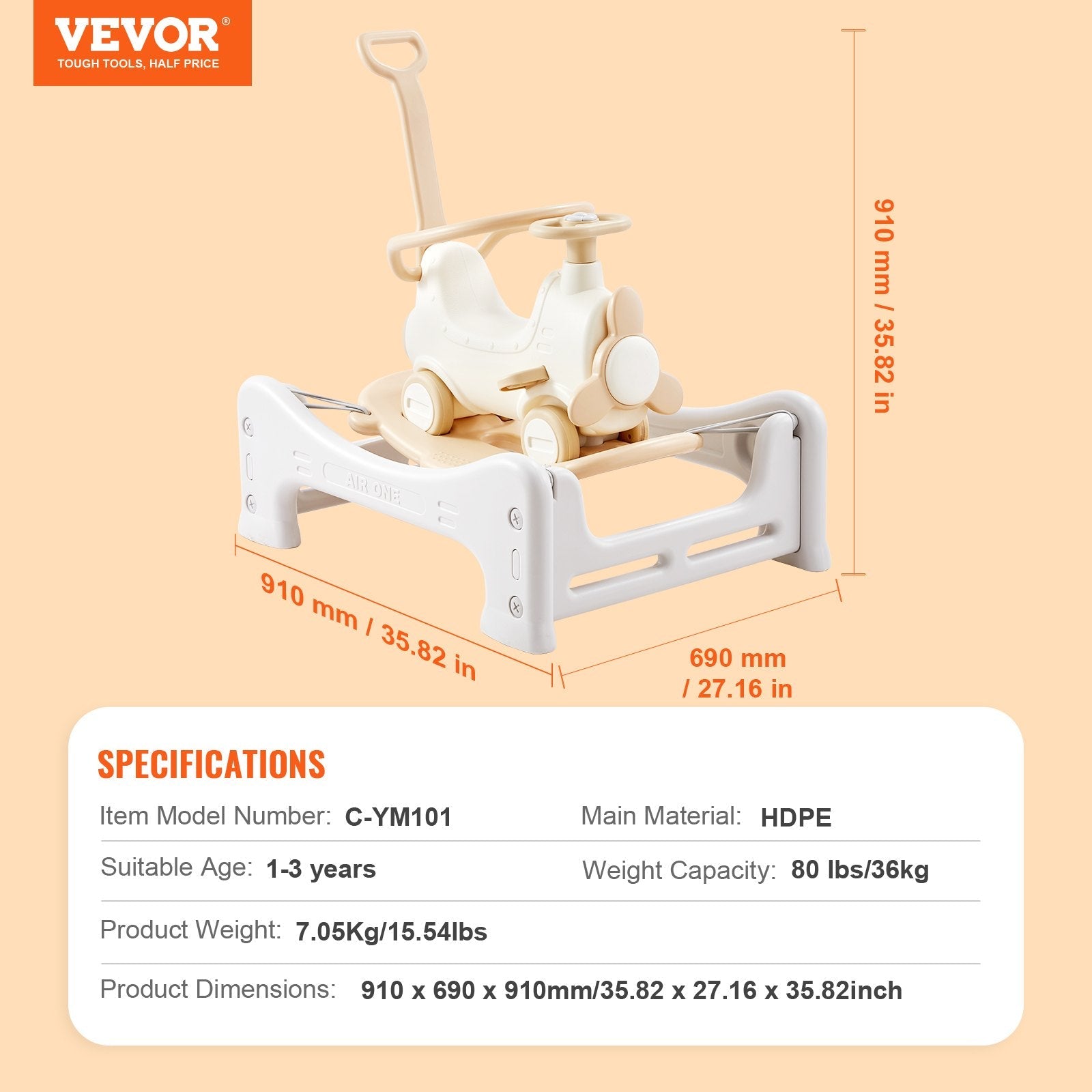 VEVOR 5 in 1 Rocking Horse for Toddlers 1-3 Years, Baby Rocking Horse with Trampoline, Detachable Balance Board, Push Handle and 4 Smooth Wheels, Support to 80lbs Kids Ride on Toy, White 