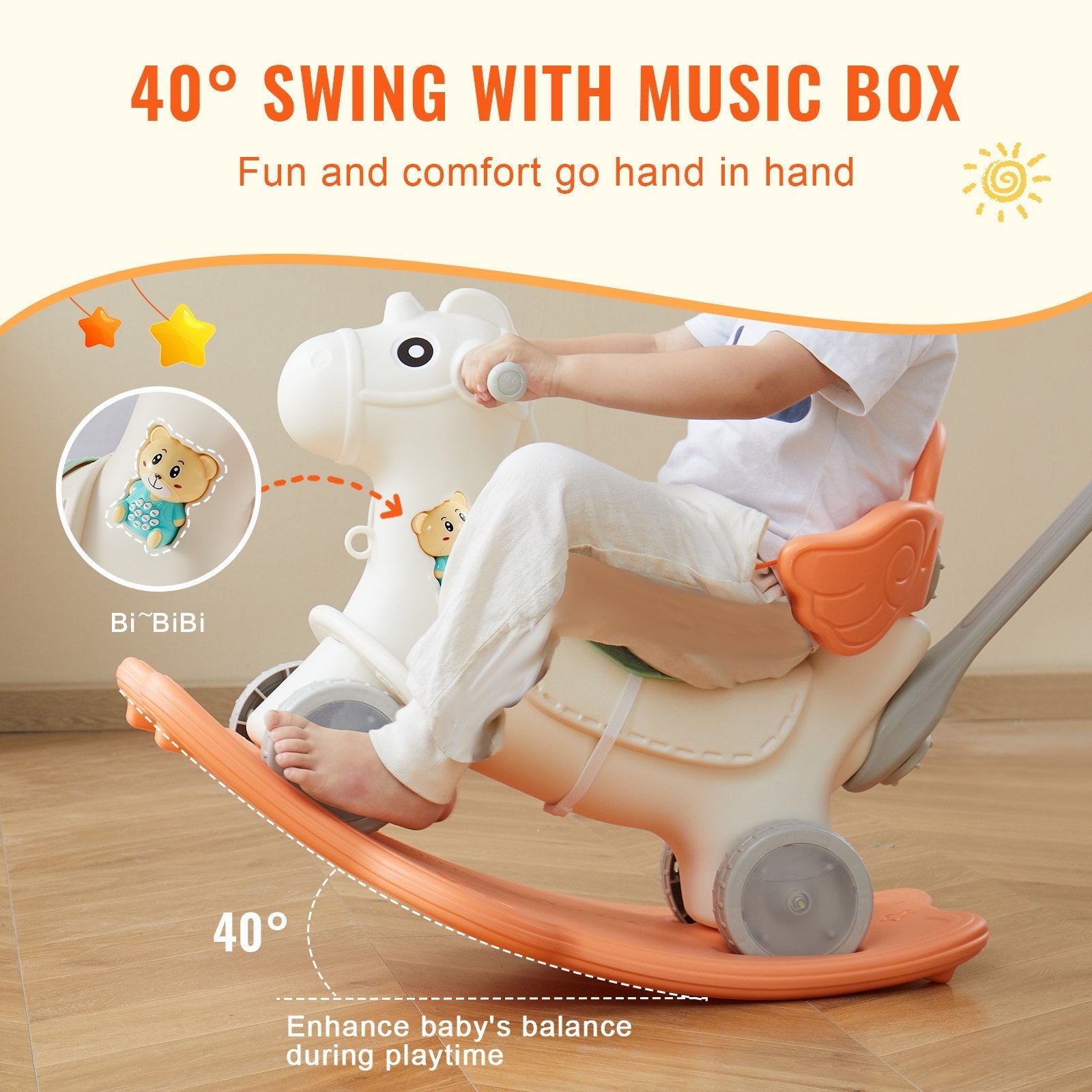 VEVOR 4 in 1 Rocking Horse for Toddlers 1-3 Years, Baby Rocking Horse with Detachable Balance Board, Push Handle and 4 Smooth Wheels, Support up to 80 lbs HDPE Kids Ride on Toy with Sound, Red 