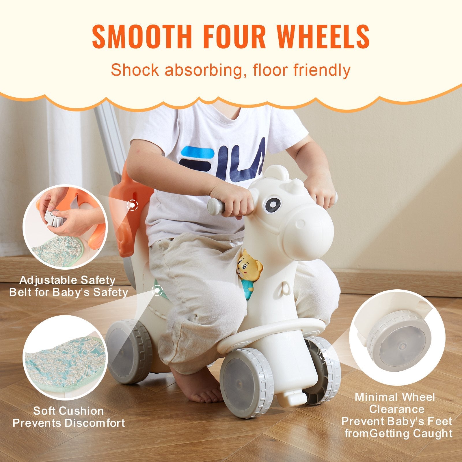 VEVOR 4 in 1 Rocking Horse for Toddlers 1-3 Years, Baby Rocking Horse with Detachable Balance Board, Push Handle and 4 Smooth Wheels, Support up to 80 lbs HDPE Kids Ride on Toy with Sound, Red 