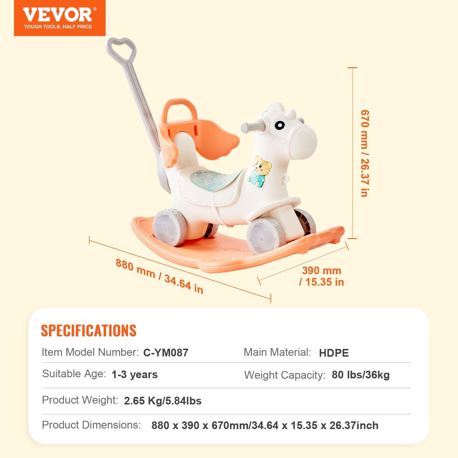 VEVOR 4 in 1 Rocking Horse for Toddlers 1-3 Years, Baby Rocking Horse with Detachable Balance Board, Push Handle and 4 Smooth Wheels, Support up to 80 lbs HDPE Kids Ride on Toy with Sound, Red 