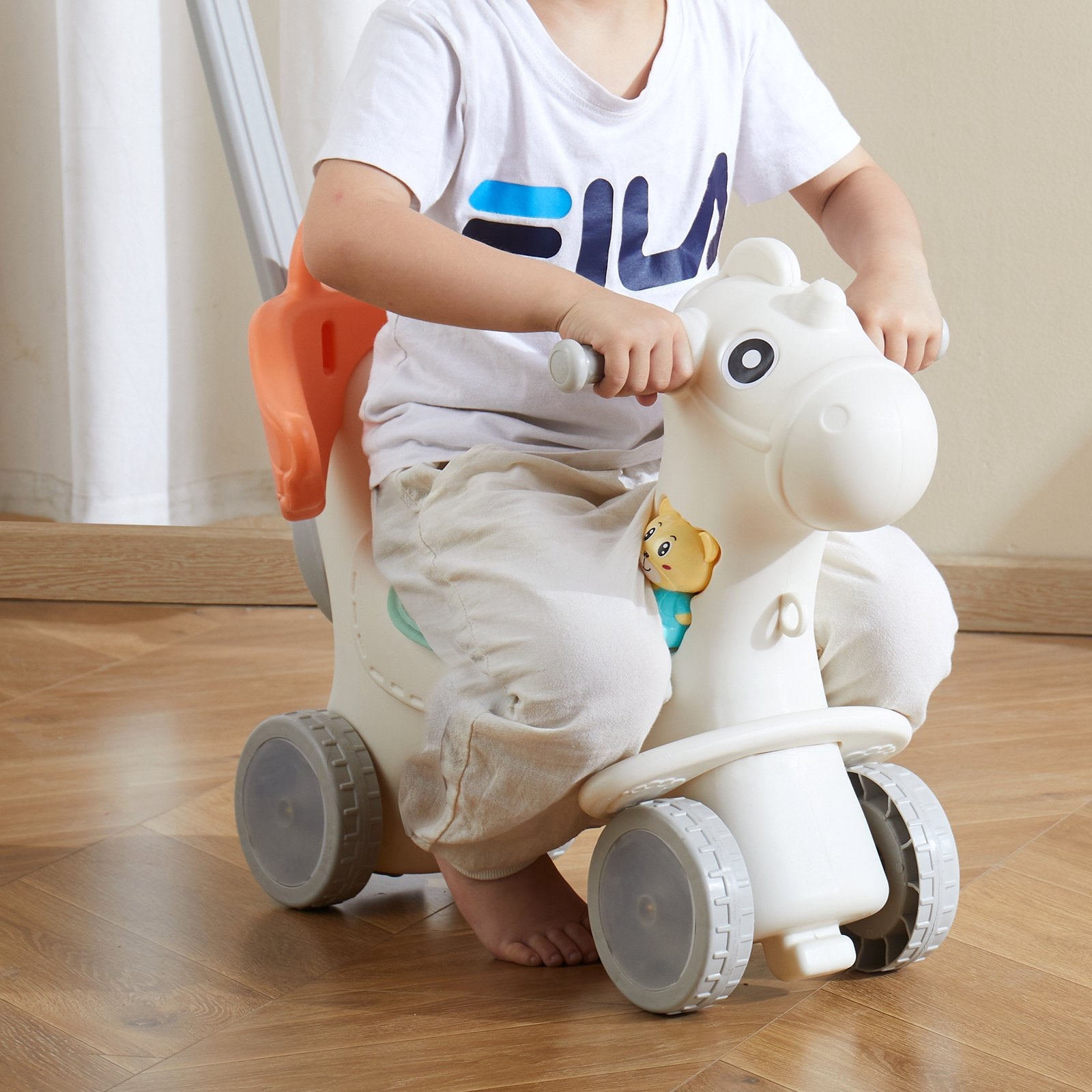 VEVOR 4 in 1 Rocking Horse for Toddlers 1-3 Years, Baby Rocking Horse with Detachable Balance Board, Push Handle and 4 Smooth Wheels, Support up to 80 lbs HDPE Kids Ride on Toy with Sound, Red 