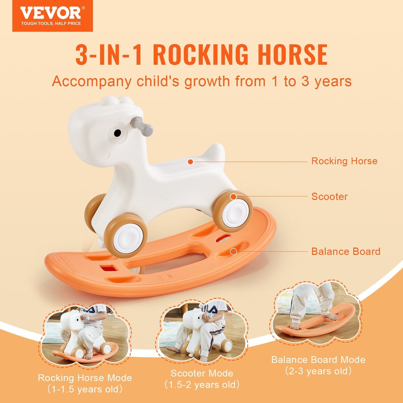 VEVOR 3 in 1 Rocking Horse for Toddlers 1-3 Years, Baby Rocking Horse with Detachable Balance Board and 4 Smooth Wheels, Support up to 80 lbs HDPE Material Kids Ride on Toy, 40° Swinging, Red 