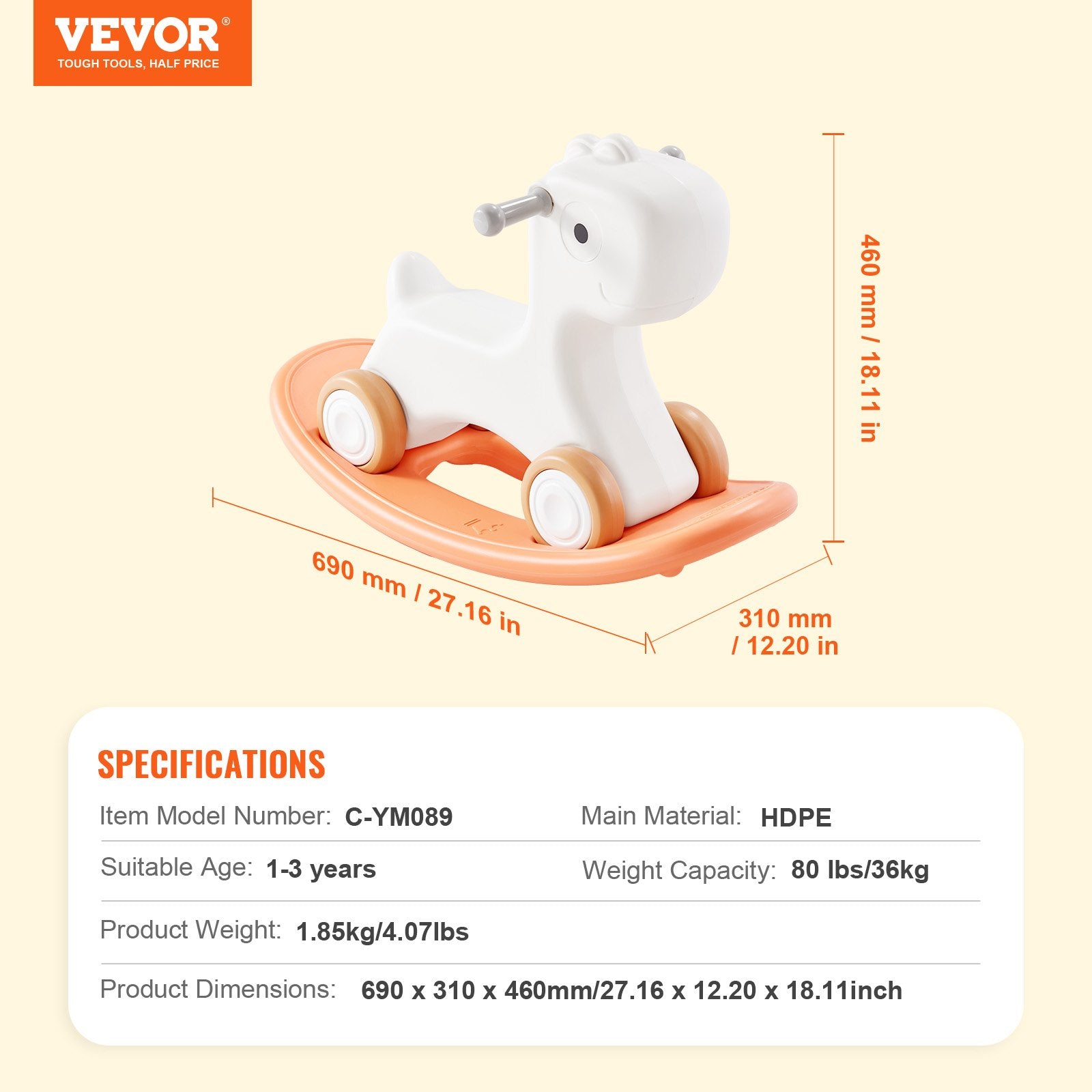 VEVOR 3 in 1 Rocking Horse for Toddlers 1-3 Years, Baby Rocking Horse with Detachable Balance Board and 4 Smooth Wheels, Support up to 80 lbs HDPE Material Kids Ride on Toy, 40° Swinging, Red 