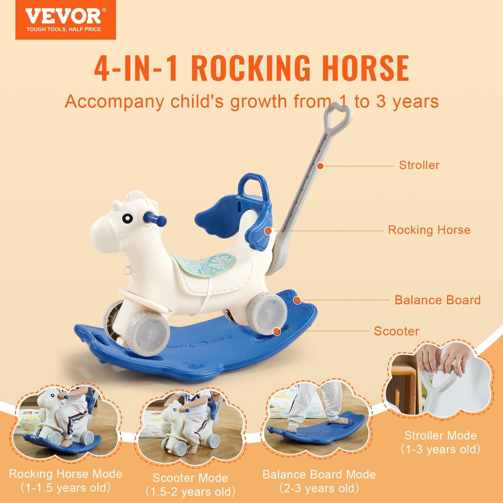 VEVOR 4 in 1 Rocking Horse for Toddlers 1-3 Years, Baby Rocking Horse with Detachable Balance Board, Push Handle and 4 Smooth Wheels, Support up to 80 lbs HDPE Kids Ride on Toy with Sound, Blue 