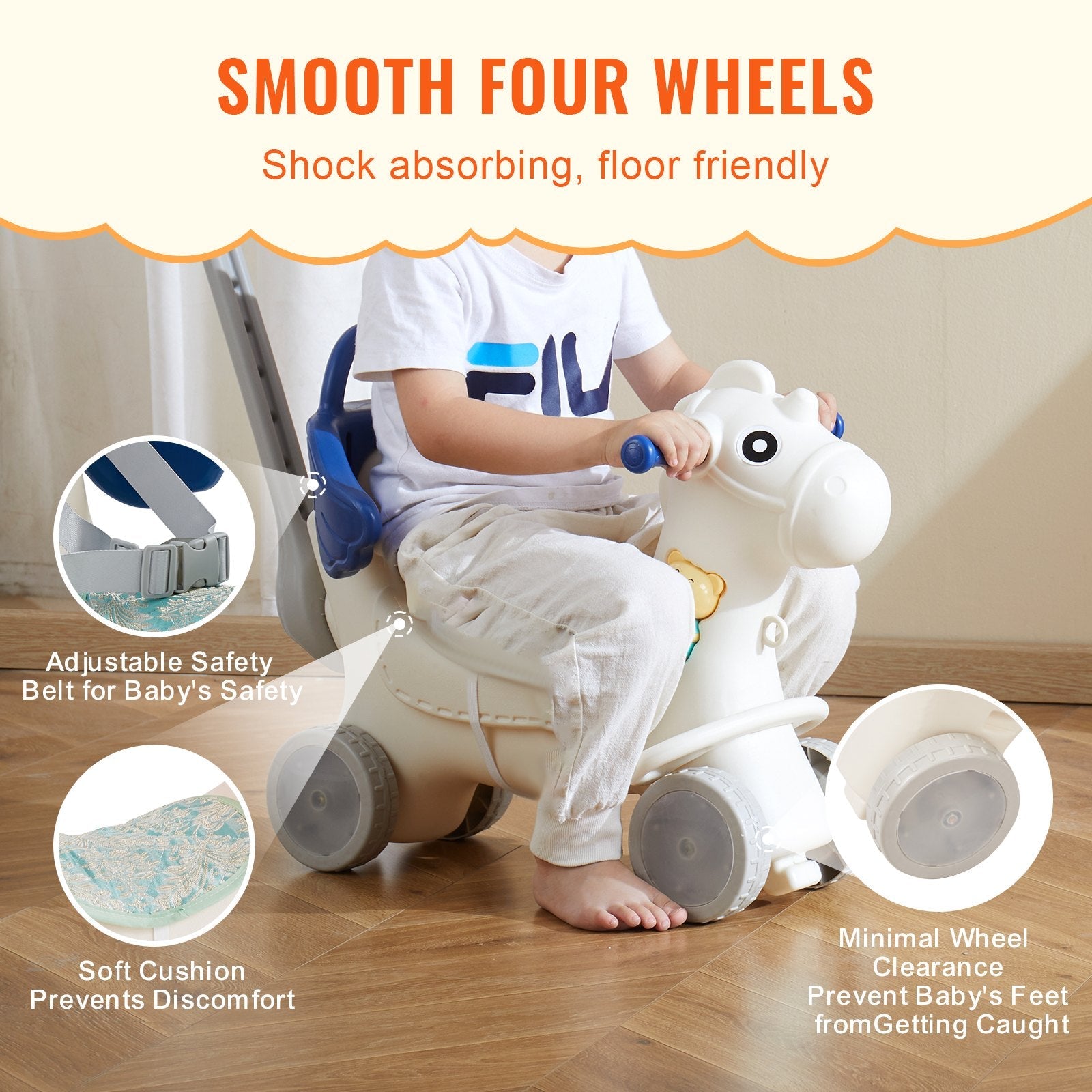 VEVOR 4 in 1 Rocking Horse for Toddlers 1-3 Years, Baby Rocking Horse with Detachable Balance Board, Push Handle and 4 Smooth Wheels, Support up to 80 lbs HDPE Kids Ride on Toy with Sound, Blue 