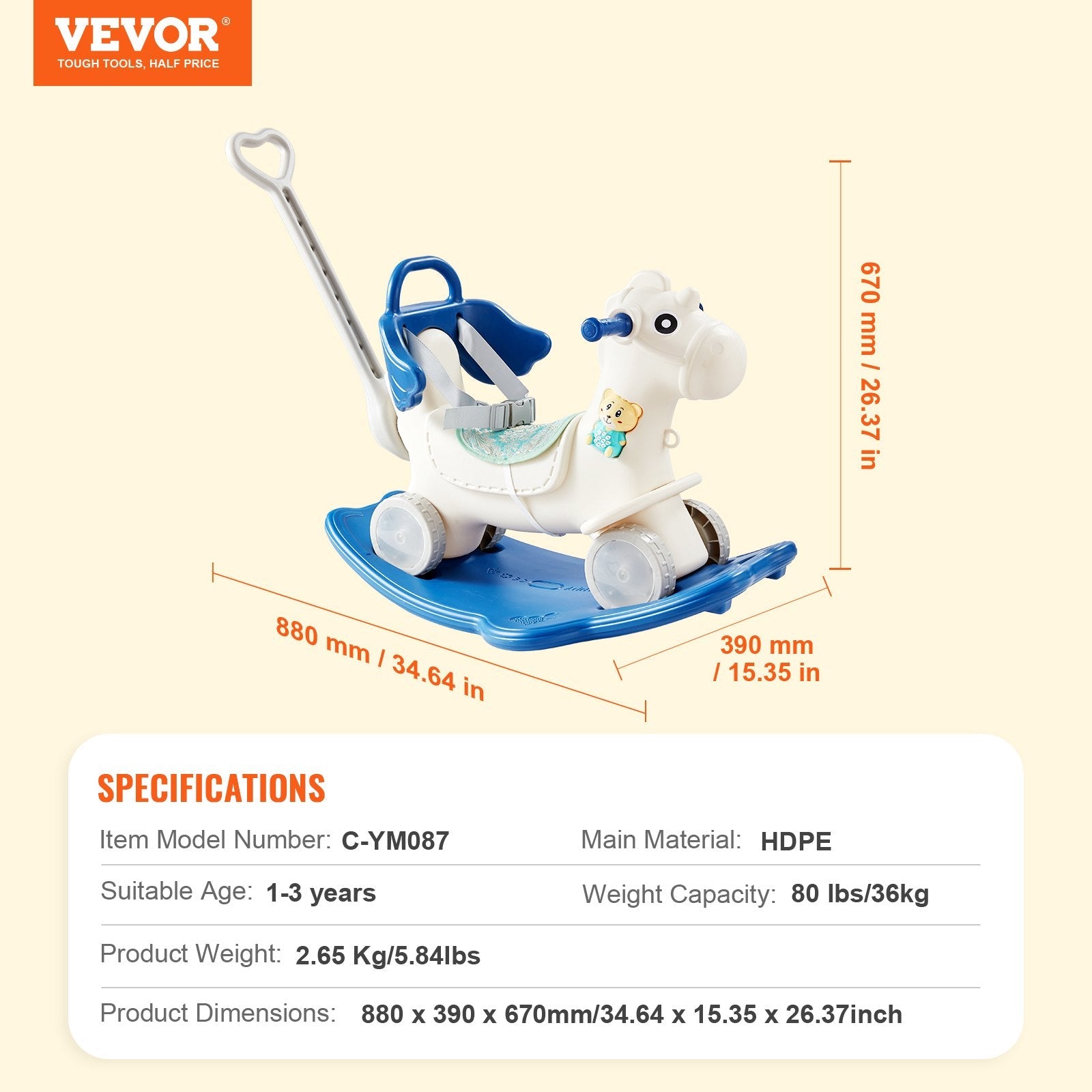 VEVOR 4 in 1 Rocking Horse for Toddlers 1-3 Years, Baby Rocking Horse with Detachable Balance Board, Push Handle and 4 Smooth Wheels, Support up to 80 lbs HDPE Kids Ride on Toy with Sound, Blue 