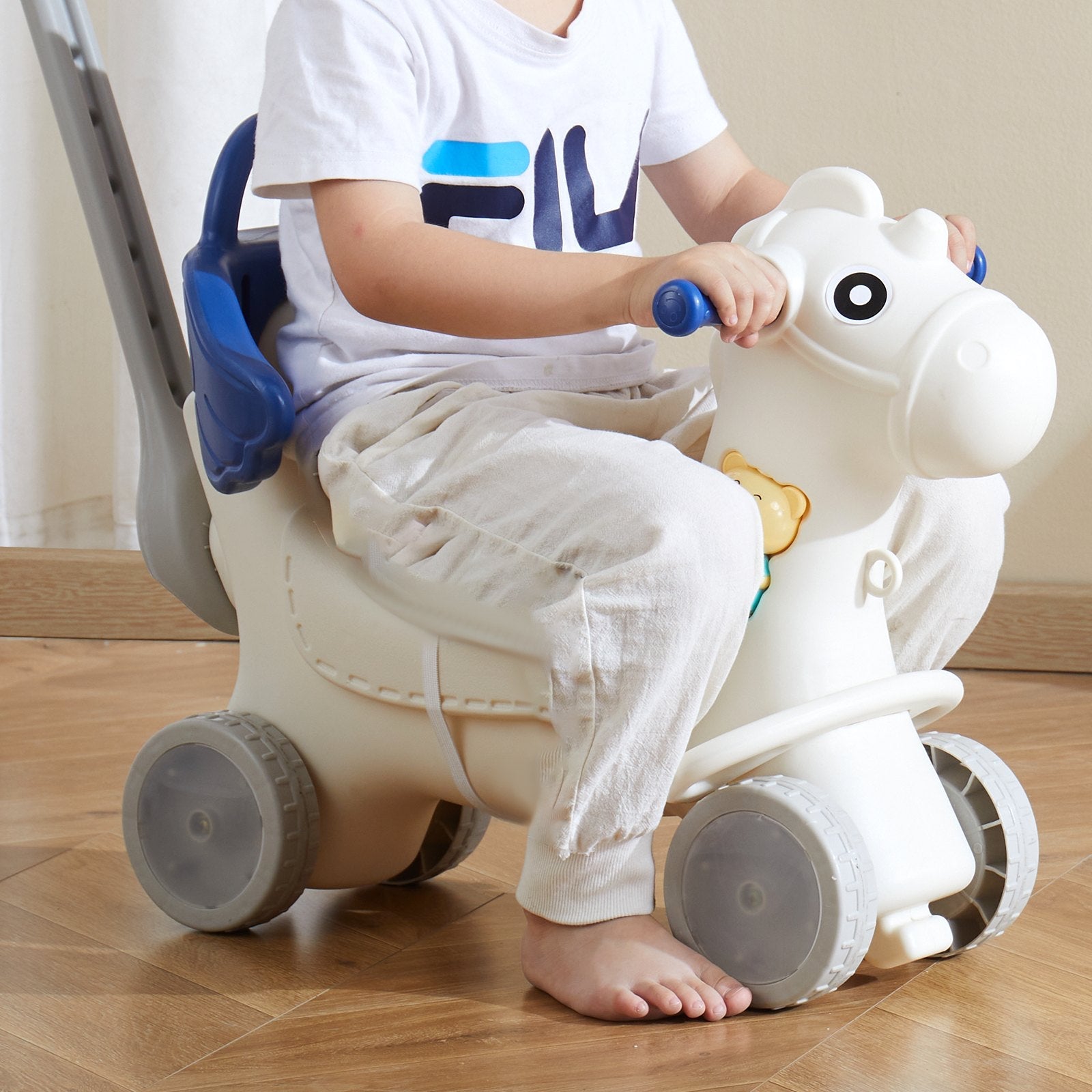VEVOR 4 in 1 Rocking Horse for Toddlers 1-3 Years, Baby Rocking Horse with Detachable Balance Board, Push Handle and 4 Smooth Wheels, Support up to 80 lbs HDPE Kids Ride on Toy with Sound, Blue 