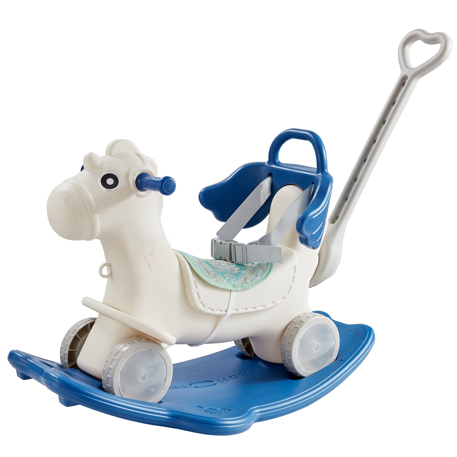 VEVOR 4 in 1 Rocking Horse for Toddlers 1-3 Years, Baby Rocking Horse with Detachable Balance Board, Push Handle and 4 Smooth Wheels, Support up to 80 lbs HDPE Kids Ride on Toy with Sound, Blue 