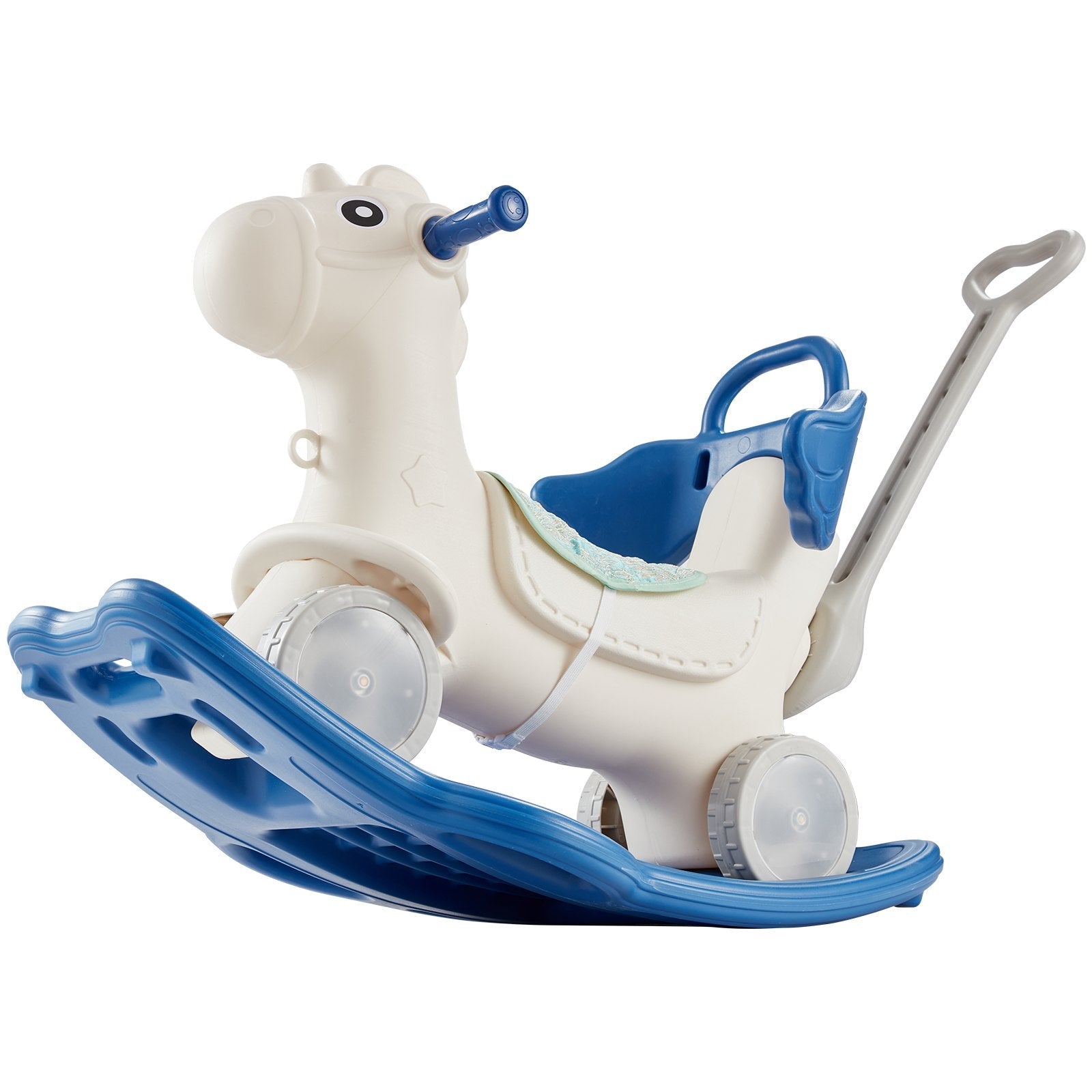 VEVOR 4 in 1 Rocking Horse for Toddlers 1-3 Years, Baby Rocking Horse with Detachable Balance Board, Push Handle and 4 Smooth Wheels, Support up to 80 lbs HDPE Kids Ride on Toy with Sound, Blue 