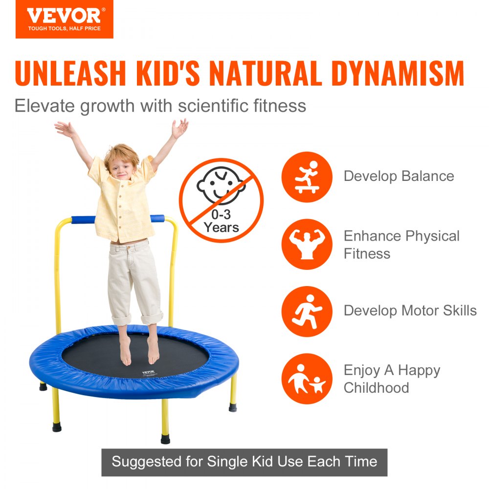 VEVOR 3FT Trampoline for Kids, 36" Trampolines Indoor/Outdoor Trampoline for Toddlers, Foldable Mini Baby Trampoline with Foam Handle, Recreational Trampoline Birthday Gift for 3+ Years Kids 