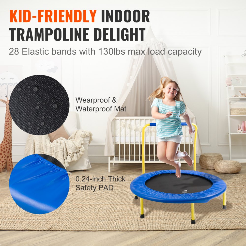 VEVOR 3FT Trampoline for Kids, 36" Trampolines Indoor/Outdoor Trampoline for Toddlers, Foldable Mini Baby Trampoline with Foam Handle, Recreational Trampoline Birthday Gift for 3+ Years Kids 