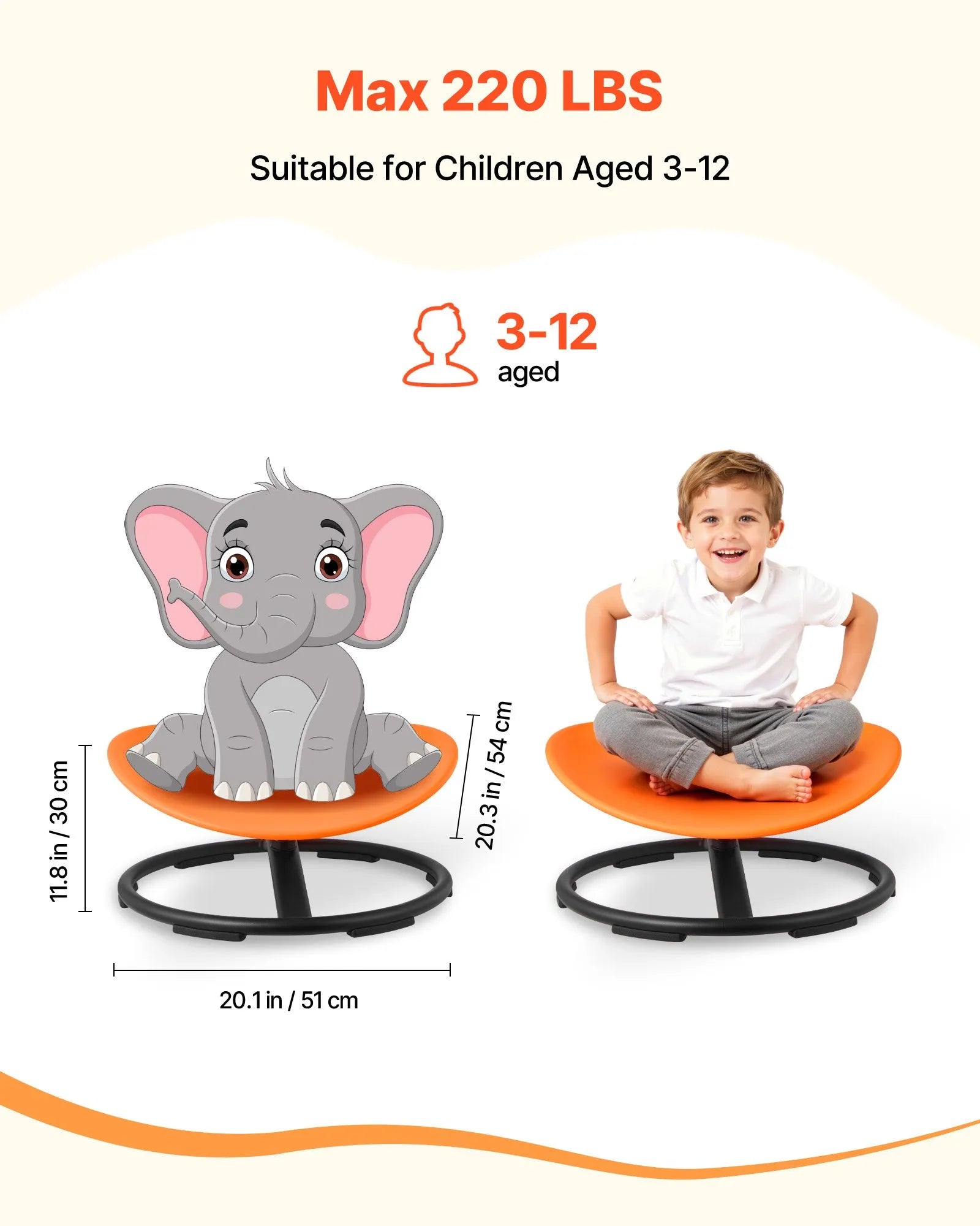 VEVOR Kids Swivel Chair, 220 lbs Capacity, Sensory Spinning Chair, Autistic Kids Sensory Toy Seat with Non-Slip Metal Base, Round Shape Toddler Sit & Spin Seat for Coordination Balance Focus, Orange 