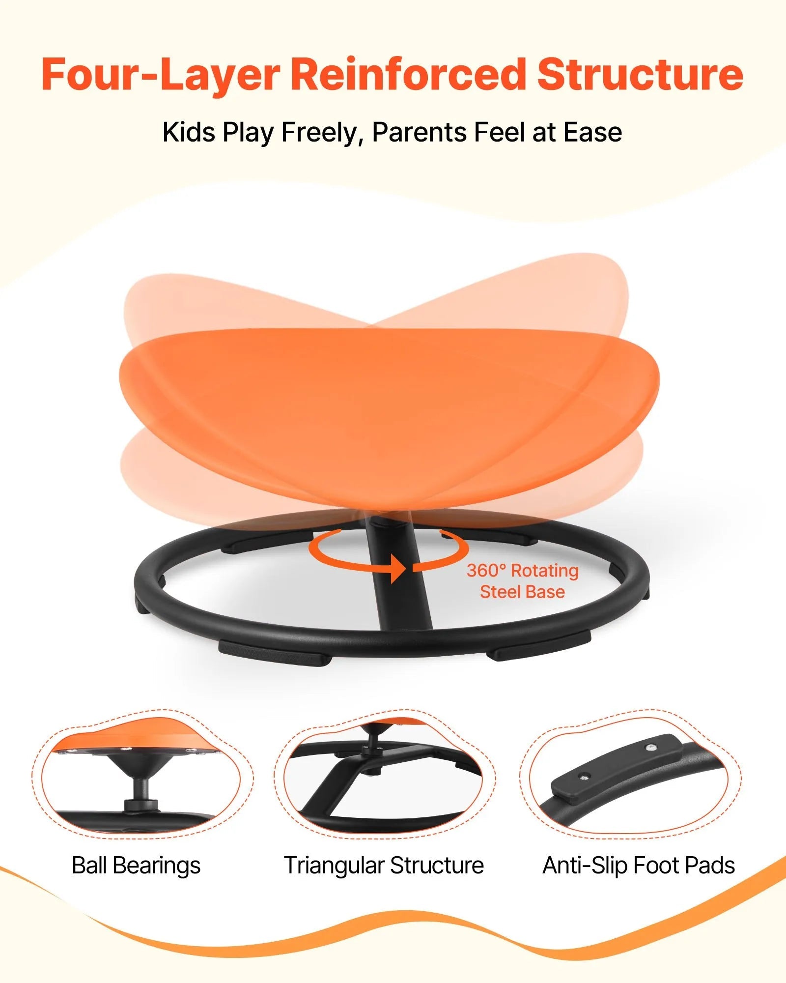 VEVOR Kids Swivel Chair, 220 lbs Capacity, Sensory Spinning Chair, Autistic Kids Sensory Toy Seat with Non-Slip Metal Base, Round Shape Toddler Sit & Spin Seat for Coordination Balance Focus, Orange 