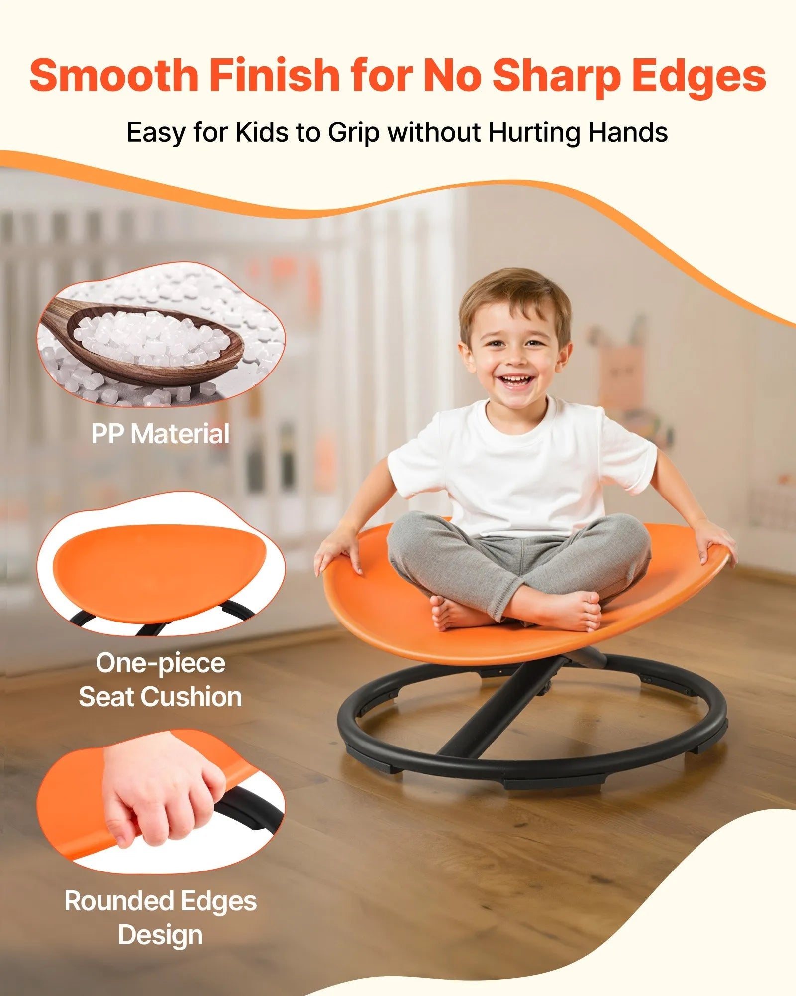 VEVOR Kids Swivel Chair, 220 lbs Capacity, Sensory Spinning Chair, Autistic Kids Sensory Toy Seat with Non-Slip Metal Base, Round Shape Toddler Sit & Spin Seat for Coordination Balance Focus, Orange 