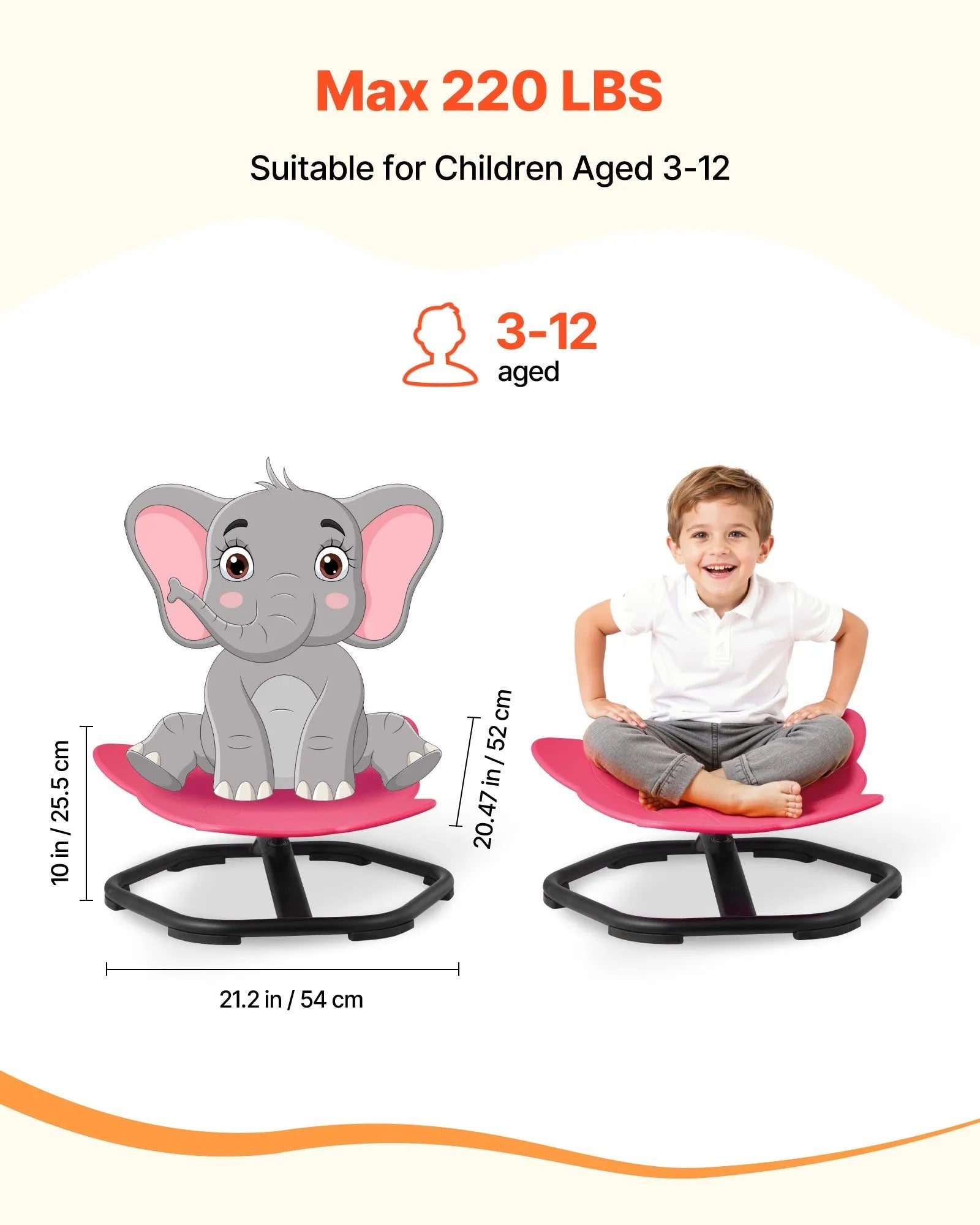 VEVOR Kids Swivel Chair, 220 lbs Capacity, Elephant Shape Sensory Spinning Chair, Autistic Kids Sensory Toy Seat with Non-Slip Metal Base, Toddler Sit & Spin Seat for Coordination Balance Focus, Red 