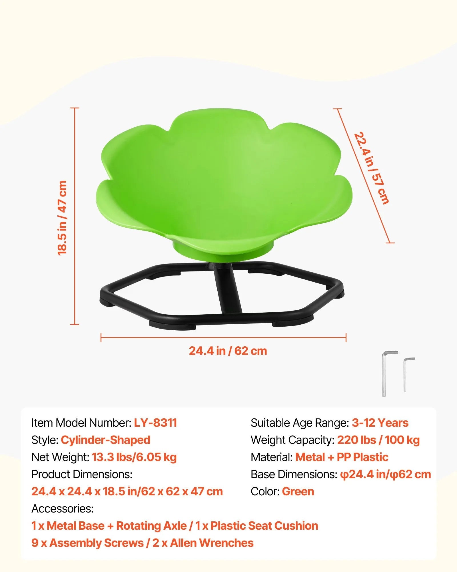 VEVOR Kids Swivel Chair, 220 lbs Capacity, Cylinder Shape Sensory Spinning Chair, Autistic Kids Sensory Toy Seat with Non-Slip Metal Base, Toddler Sit & Spin Seat for Coordination Balance Focus, Green 