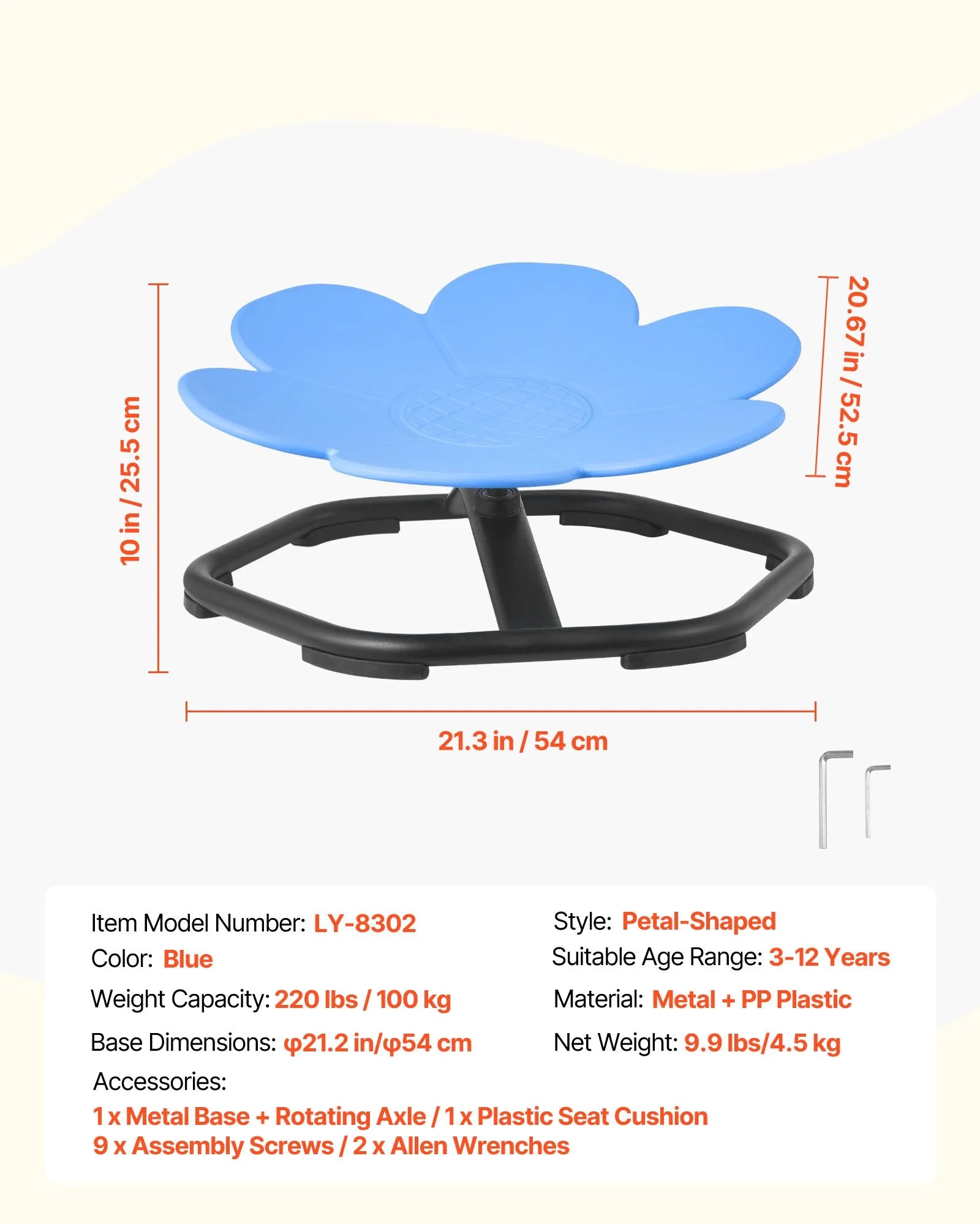 VEVOR Kids Swivel Chair, 220 lbs Capacity, Flower Shape Sensory Spinning Chair, Autistic Kids Sensory Toy Seat with Non-Slip Metal Base, Toddler Sit & Spin Seat for Coordination Balance Focus, Blue 