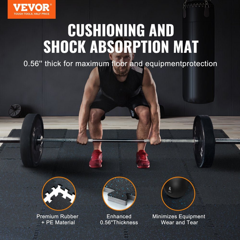 VEVOR 0.56" Thick Gym Floor Mats 25 Tiles Rubber Top with EVA Foam Black & Blue 