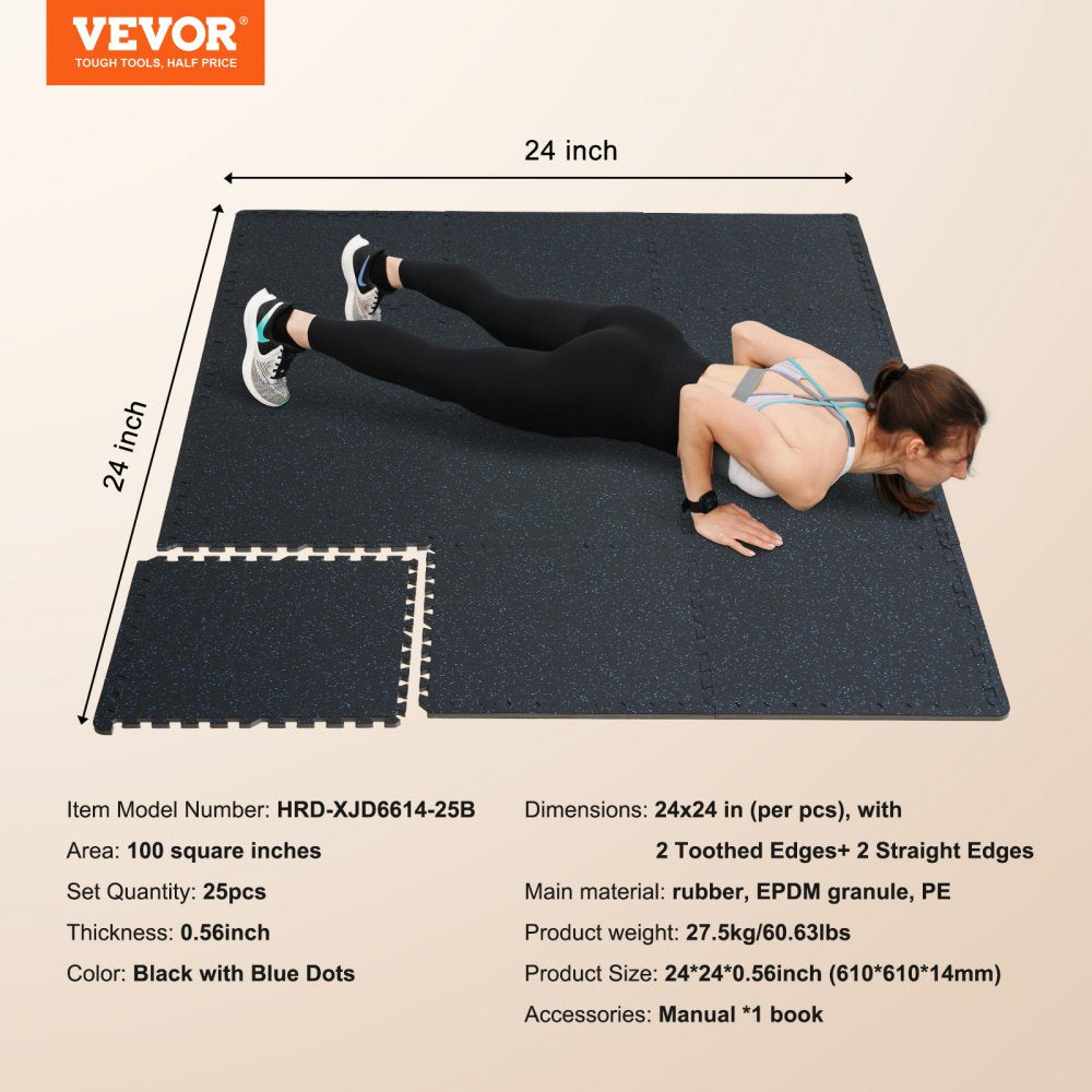 VEVOR 0.56" Thick Gym Floor Mats 25 Tiles Rubber Top with EVA Foam Black & Blue 