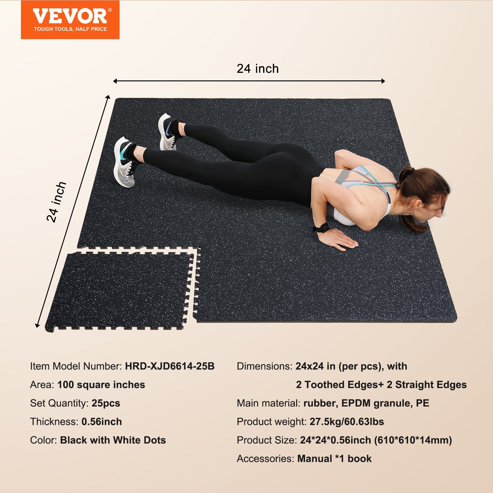 VEVOR 0.56" Thick Gym Floor Mats 25 Tiles Rubber Top with EVA Foam Black & White 