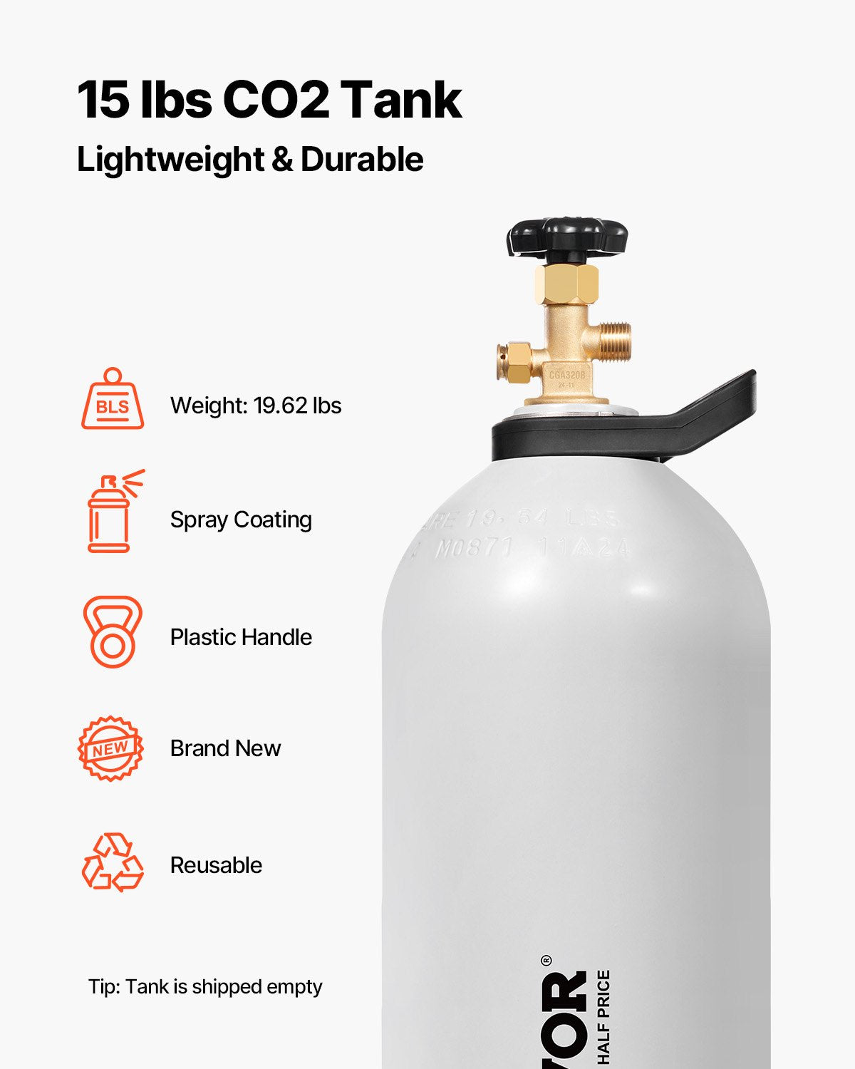 VEVOR CO2 Tank 15 lbs Aluminum Alloy Cylinder with CGA320 Valve DOT Approved 
