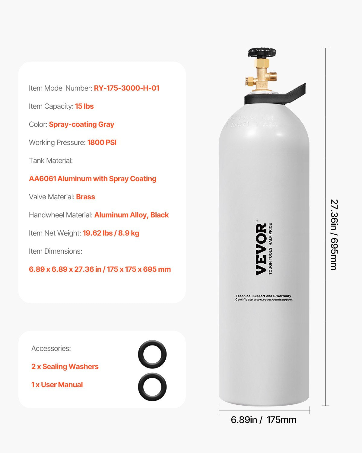 VEVOR CO2 Tank 15 lbs Aluminum Alloy Cylinder with CGA320 Valve DOT Approved 