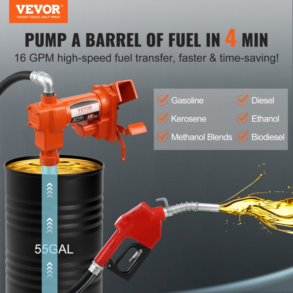 VEVOR Fuel Transfer Pump, 12V DC 16 GPM 1/4 HP, Gasoline Extractor Pump with Automatic Nozzle, Discharge Hose & Suction Pipe for Gasoline, Diesel, Kerosene, Ethanol & Methanol Blends, and Biodiesel 
