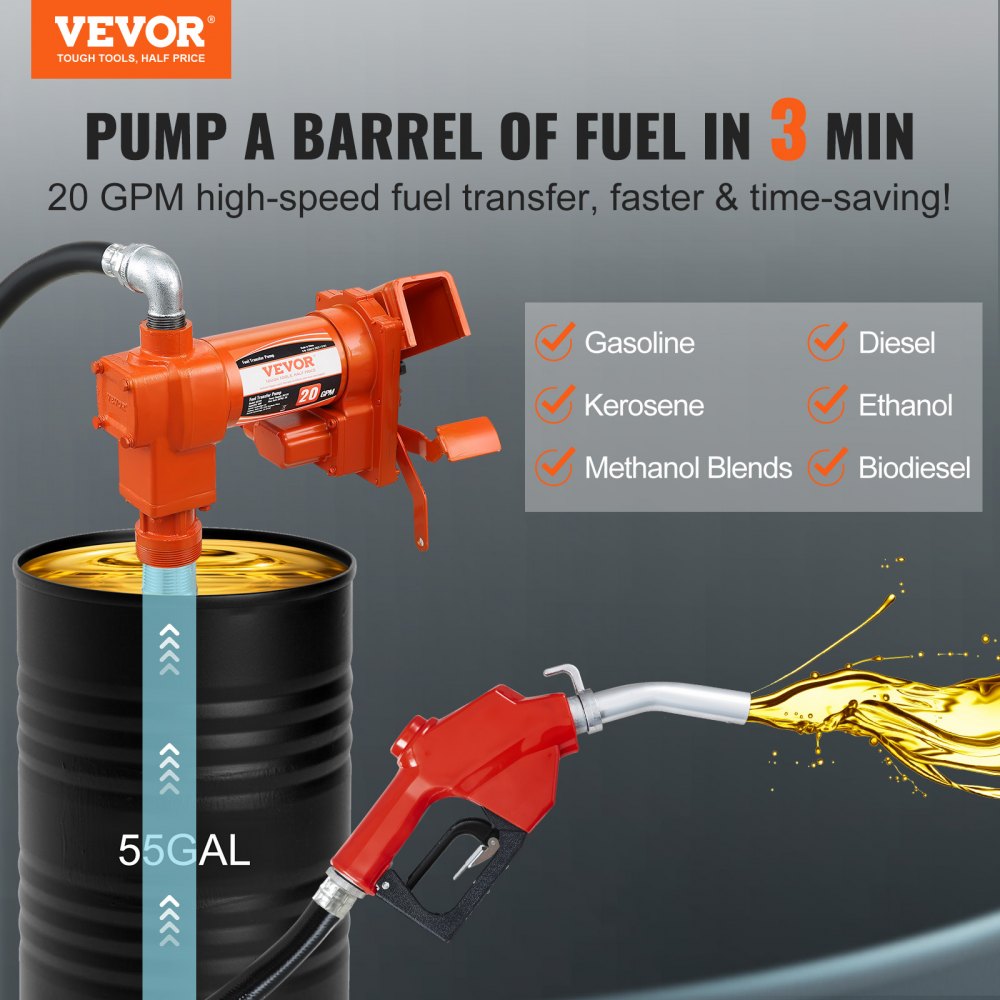 VEVOR Fuel Transfer Pump, 12V DC 20 GPM 1/4 HP, Gasoline Extractor Pump with Automatic Nozzle, Discharge Hose & Suction Pipe for Gasoline, Diesel, Kerosene, Ethanol & Methanol Blends, and Biodiesel 