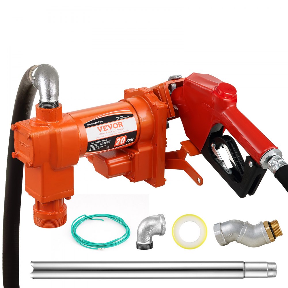VEVOR Fuel Transfer Pump, 12V DC 20 GPM 1/4 HP, Gasoline Extractor Pump with Automatic Nozzle, Discharge Hose & Suction Pipe for Gasoline, Diesel, Kerosene, Ethanol & Methanol Blends, and Biodiesel 