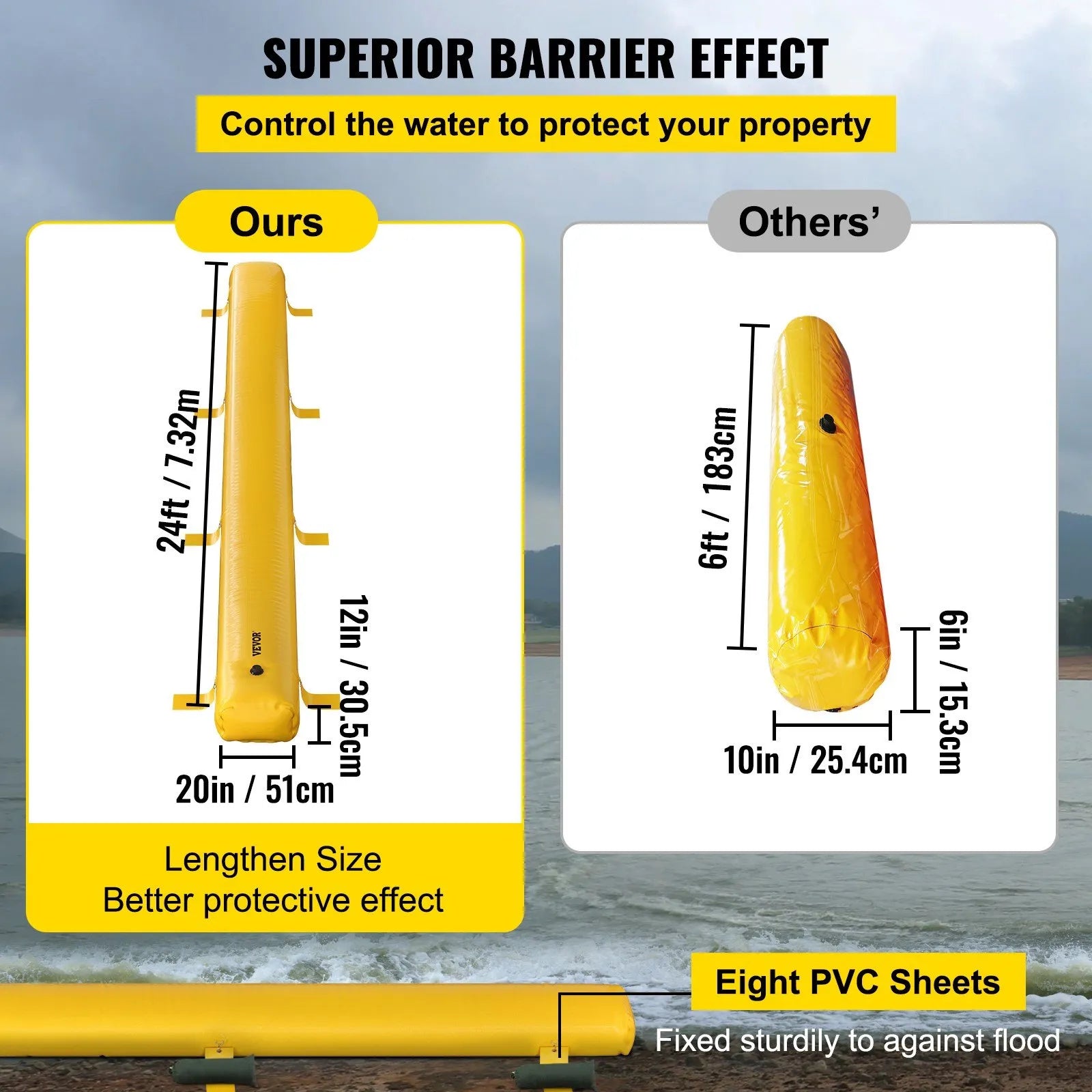 VEVOR Flood Barrier, 24 ft Length x 12 in Height, Reusable PVC Water Diversion Tubes, Lightweight Hydro Barrier with Excellent Waterproof Effect Used for Doorways, Garages, Yellow