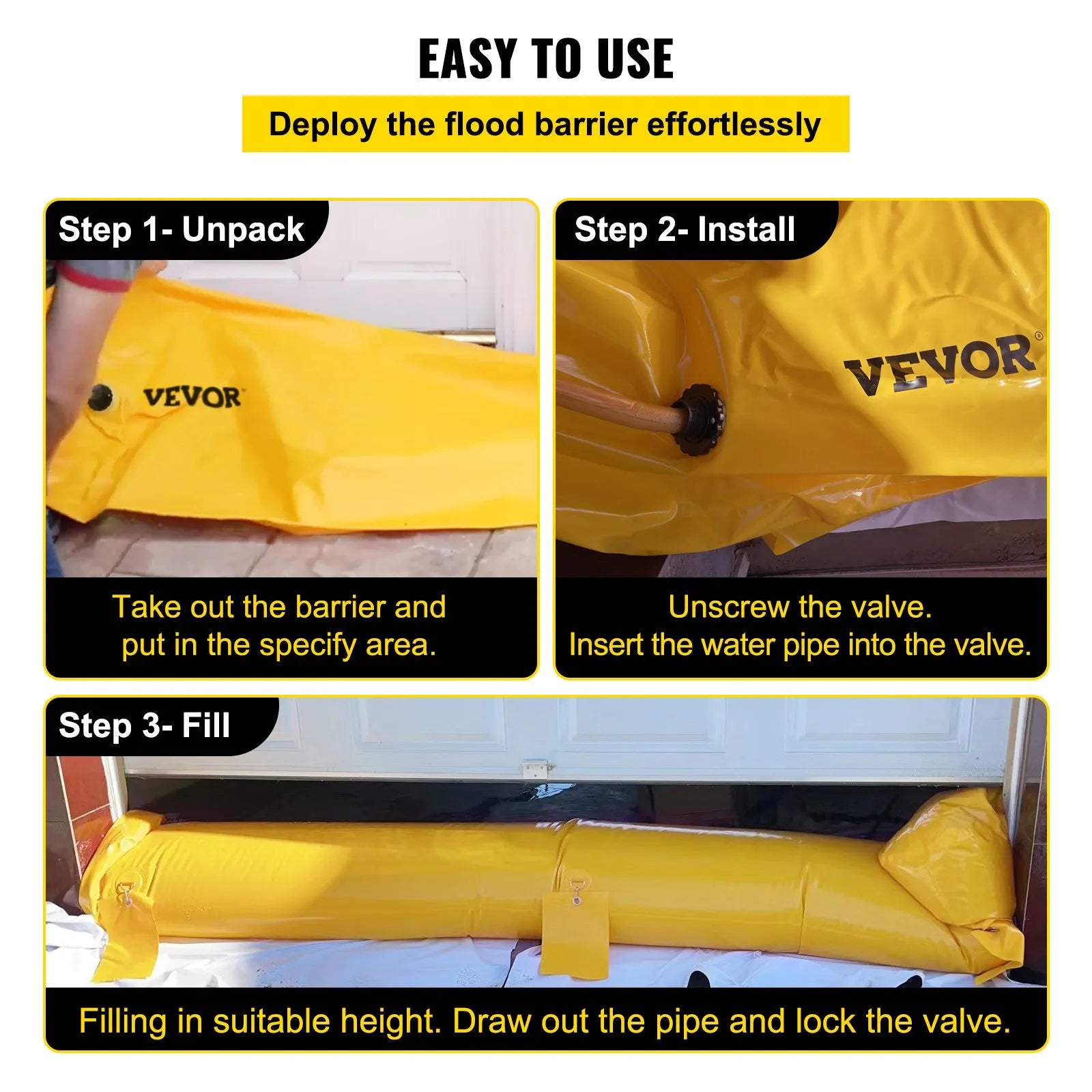 VEVOR Flood Barrier, 24 ft Length x 12 in Height, Reusable PVC Water Diversion Tubes, Lightweight Hydro Barrier with Excellent Waterproof Effect Used for Doorways, Garages, Yellow