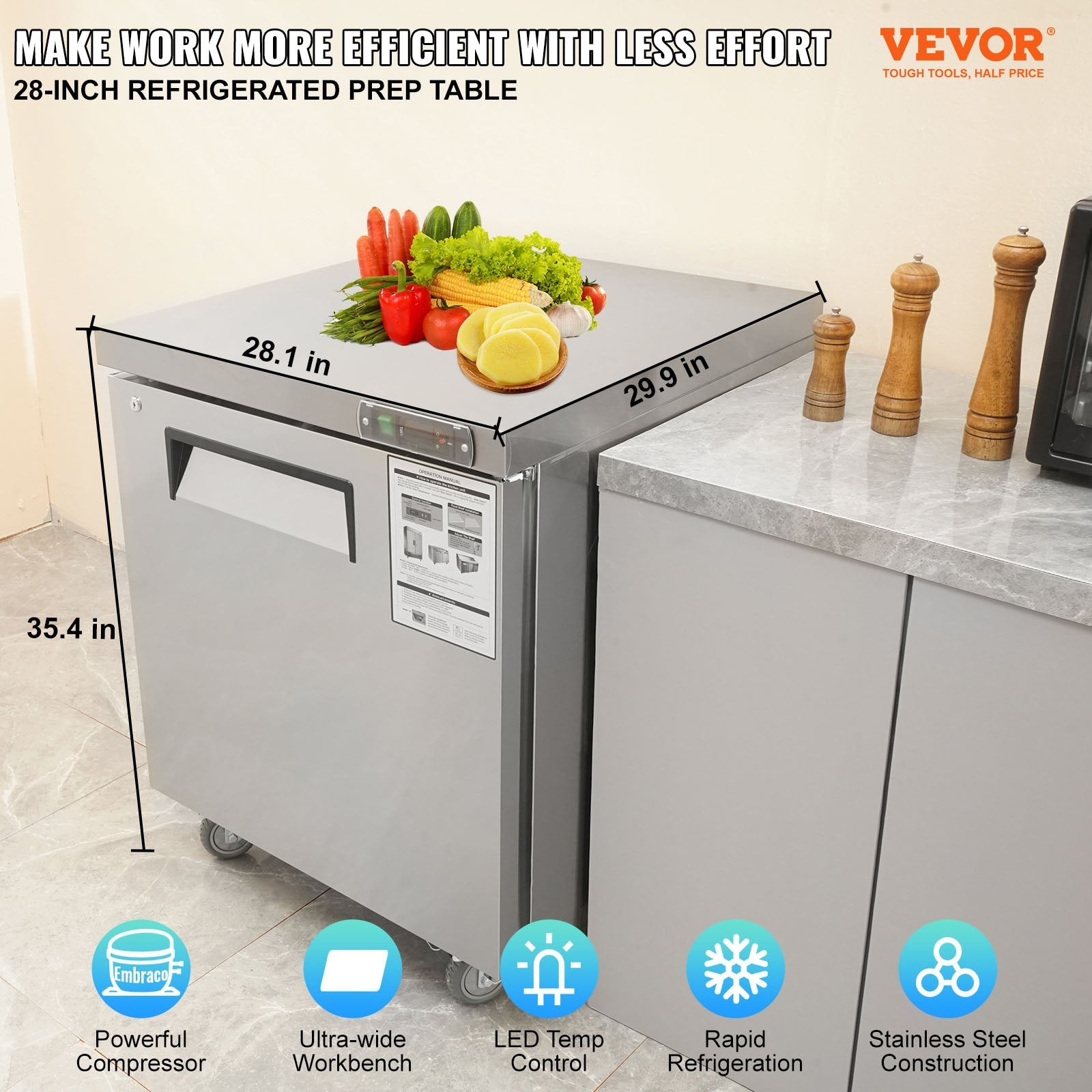 VEVOR Commercial Refrigerator, 28" Undercounter Worktop Refrigerator, 7.4 Cu. Ft Thick Stainless Steel Refrigerated Food Prep Station Fan Cooling Single Door Worktop Fridge with Lock for Bar 
