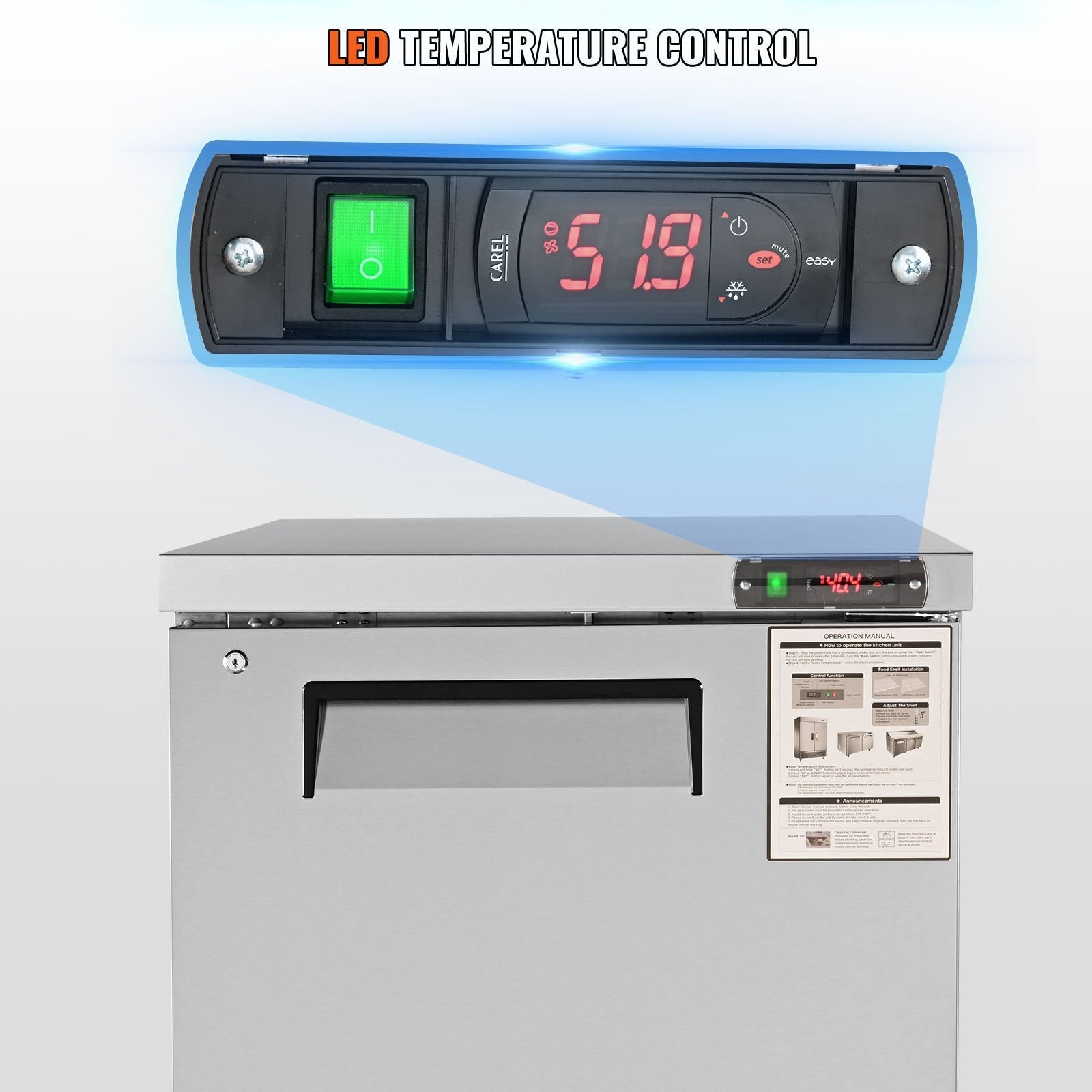 VEVOR Commercial Refrigerator, 28" Undercounter Worktop Refrigerator, 7.4 Cu. Ft Thick Stainless Steel Refrigerated Food Prep Station Fan Cooling Single Door Worktop Fridge with Lock for Bar 