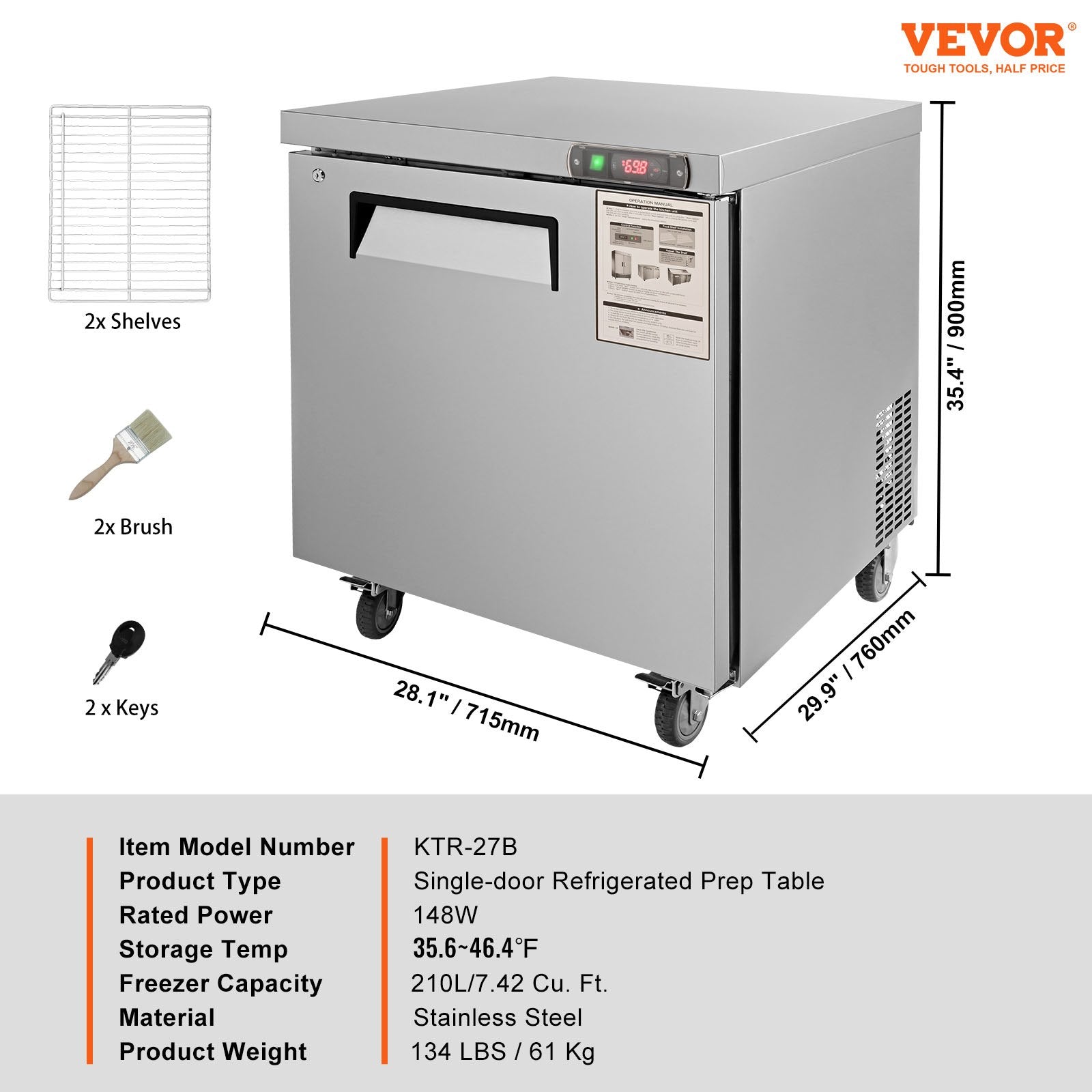 VEVOR Commercial Refrigerator, 28" Undercounter Worktop Refrigerator, 7.4 Cu. Ft Thick Stainless Steel Refrigerated Food Prep Station Fan Cooling Single Door Worktop Fridge with Lock for Bar 