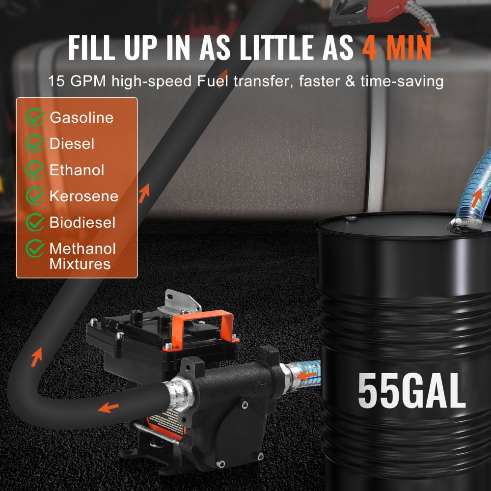 VEVOR Fuel Transfer Pump 12V 15 GPM 1/4 HP Diesel Pump with Auto Fuel Nozzle 