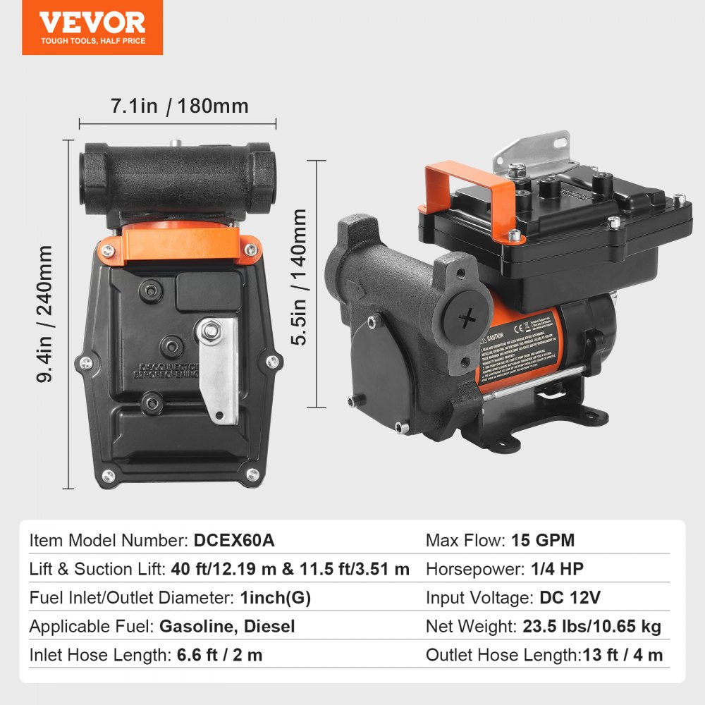 VEVOR Fuel Transfer Pump 12V 15 GPM 1/4 HP Diesel Pump with Auto Fuel Nozzle 