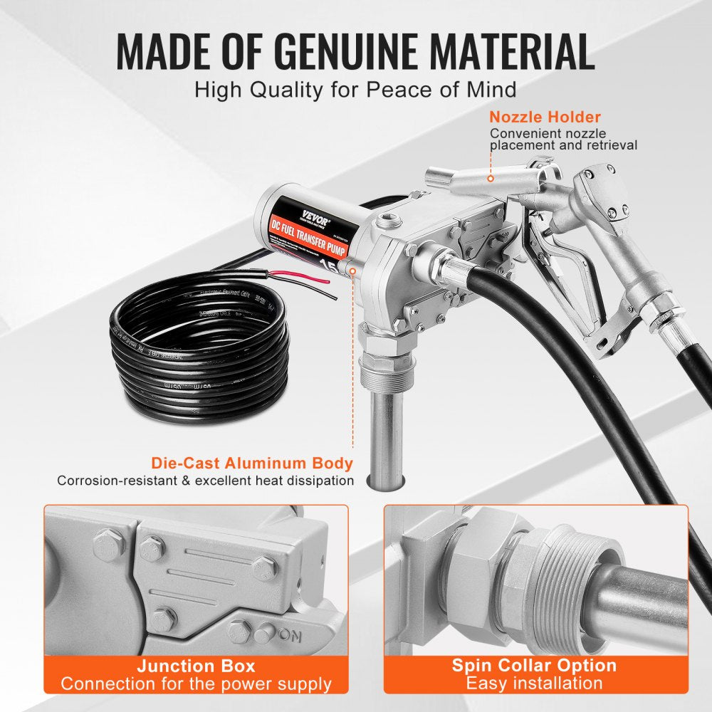 VEVOR Fuel Transfer Pump 12V 15 GPM 1/5 HP Diesel Pump with Auto Fuel Nozzle 