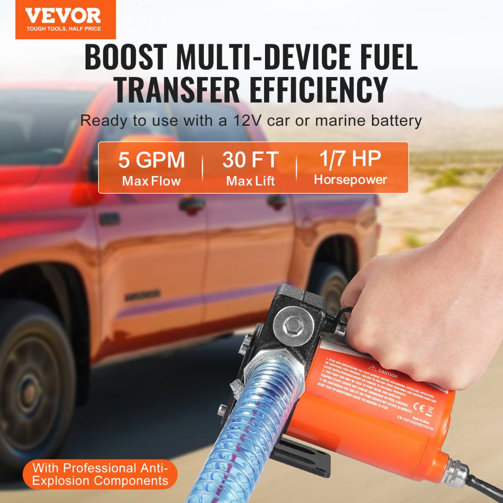 VEVOR Fuel Transfer Pump 12V 5.3 GPM 1/10 HP Diesel Pump with Auto Fuel Nozzle 
