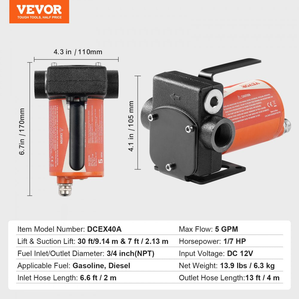 VEVOR Fuel Transfer Pump 12V 5.3 GPM 1/10 HP Diesel Pump with Auto Fuel Nozzle 