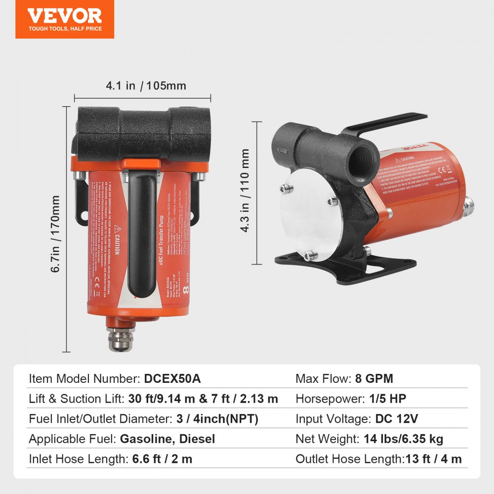 VEVOR Fuel Transfer Pump 12V 8 GPM 1/6 HP Diesel Pump with Auto Fuel Nozzle 