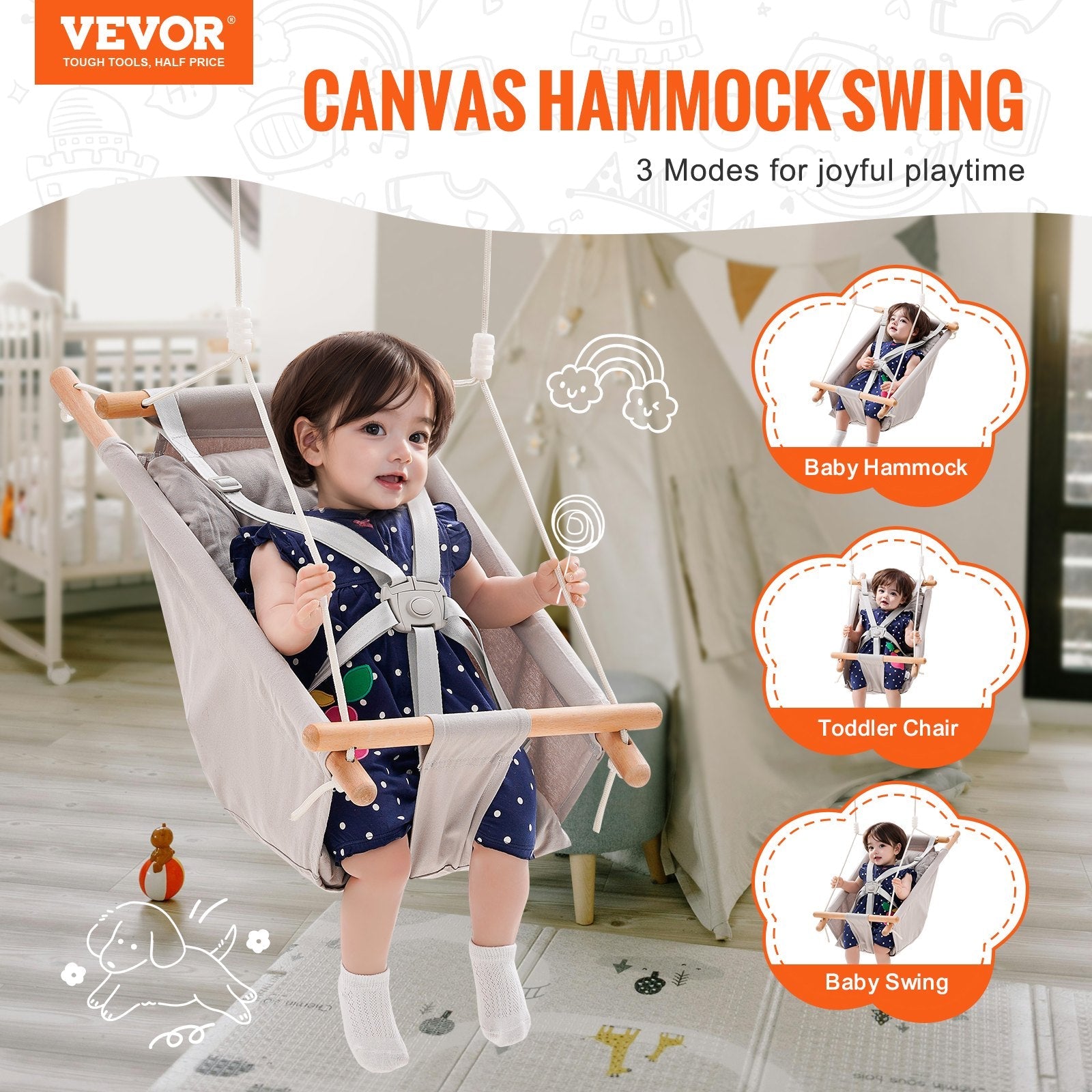 VEVOR Canvas Hammock Swing 3 Modes Baby Swing 5-Point Harness Indoor Outdoor 