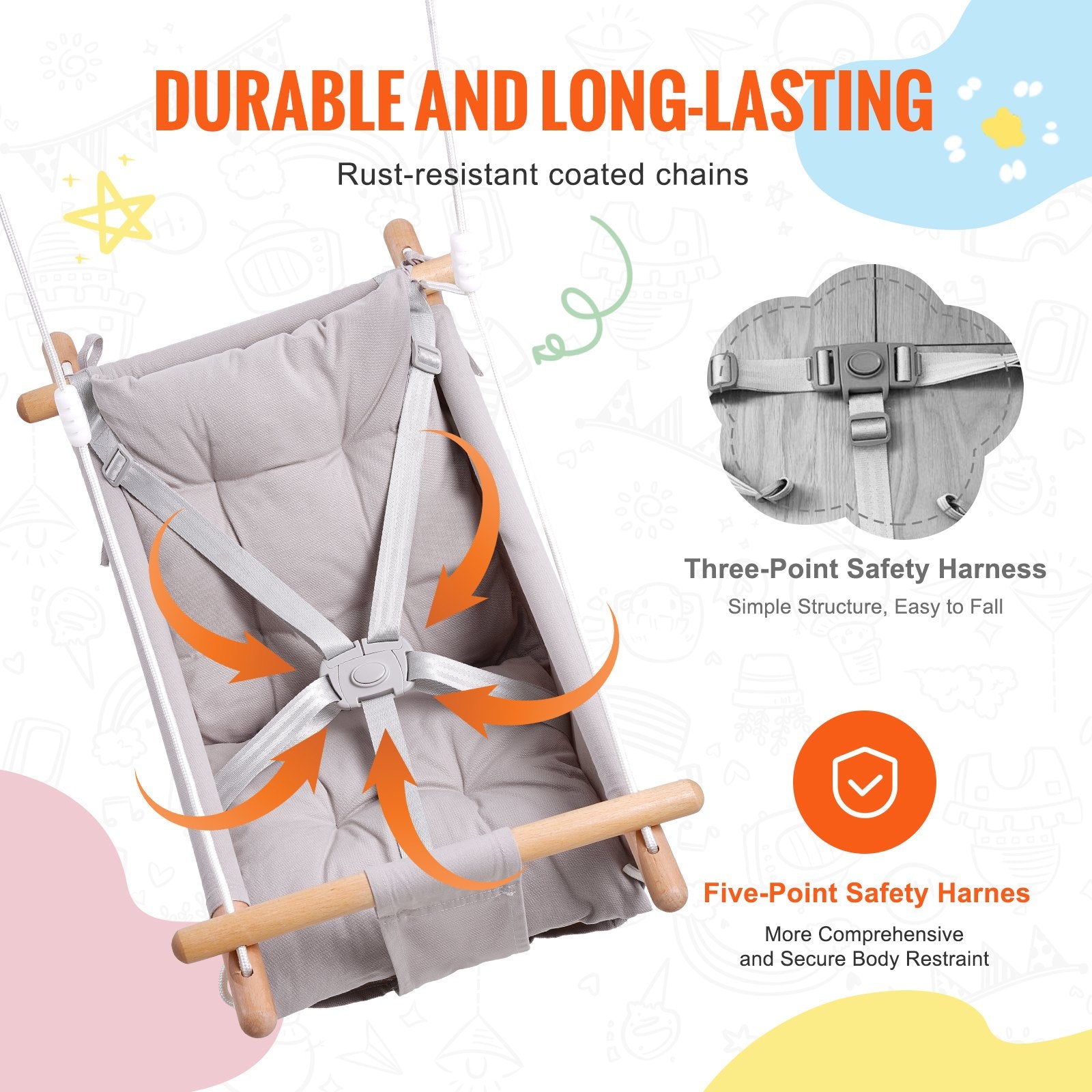 VEVOR Canvas Hammock Swing 3 Modes Baby Swing 5-Point Harness Indoor Outdoor 