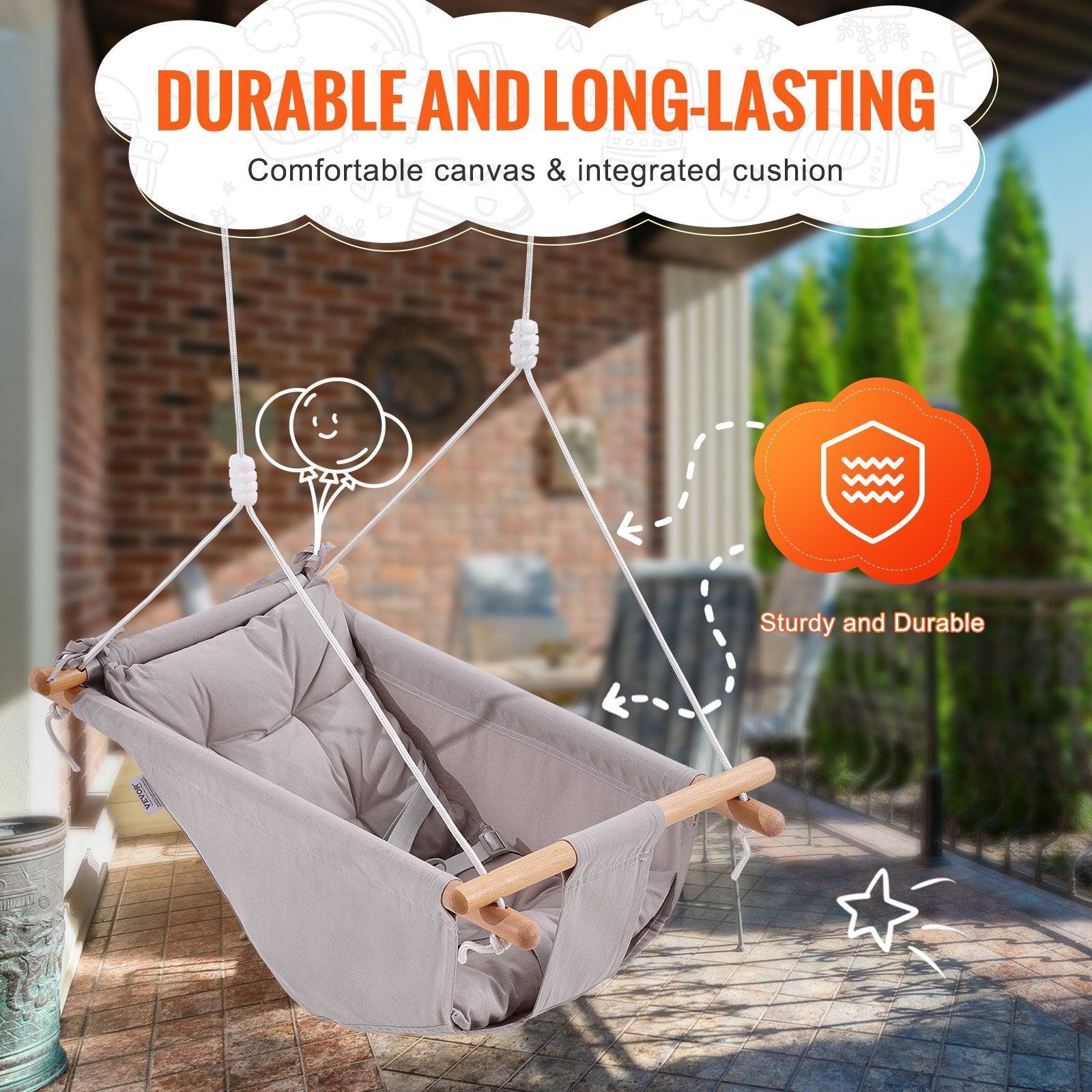 VEVOR Canvas Hammock Swing 3 Modes Baby Swing 5-Point Harness Indoor Outdoor 