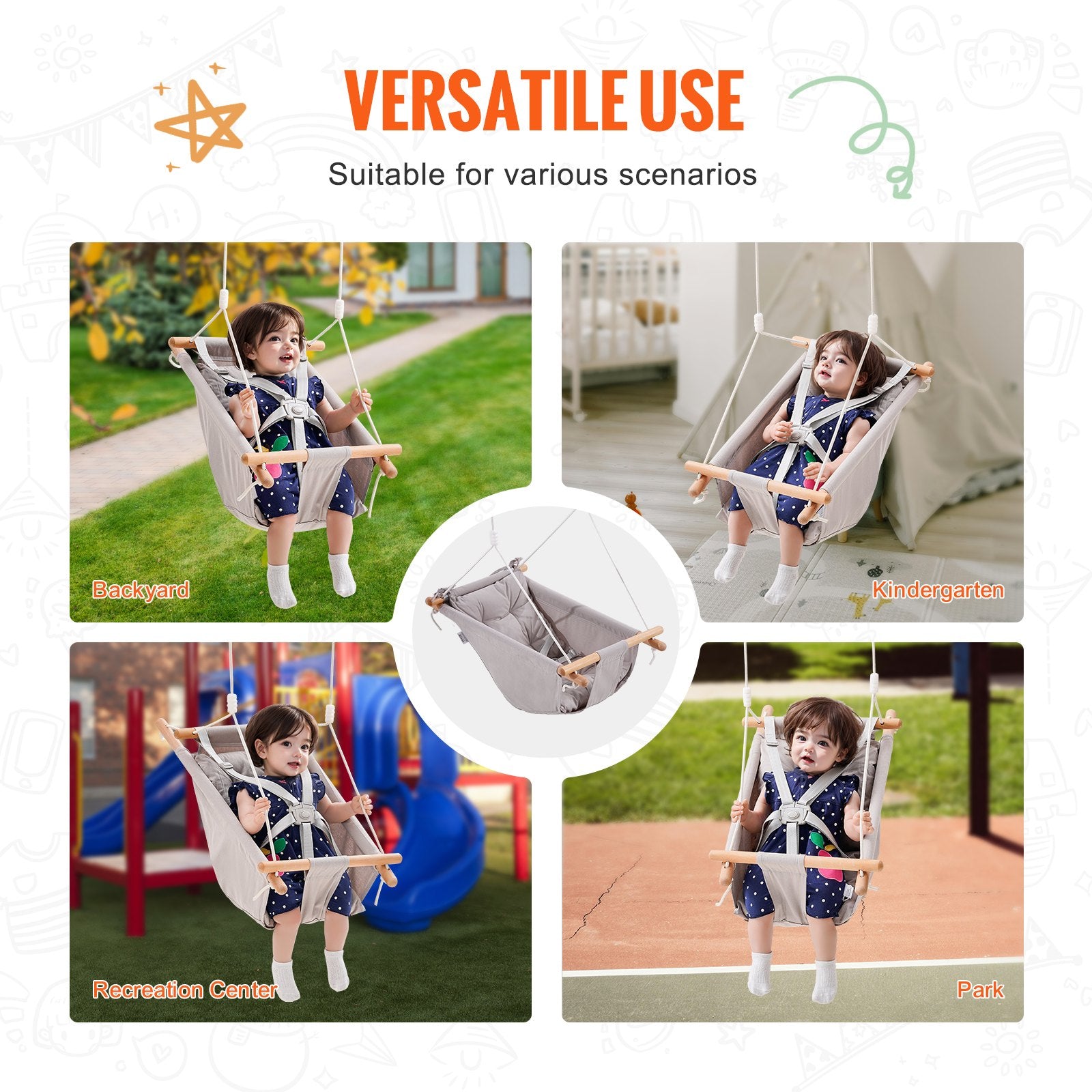 VEVOR Canvas Hammock Swing 3 Modes Baby Swing 5-Point Harness Indoor Outdoor 