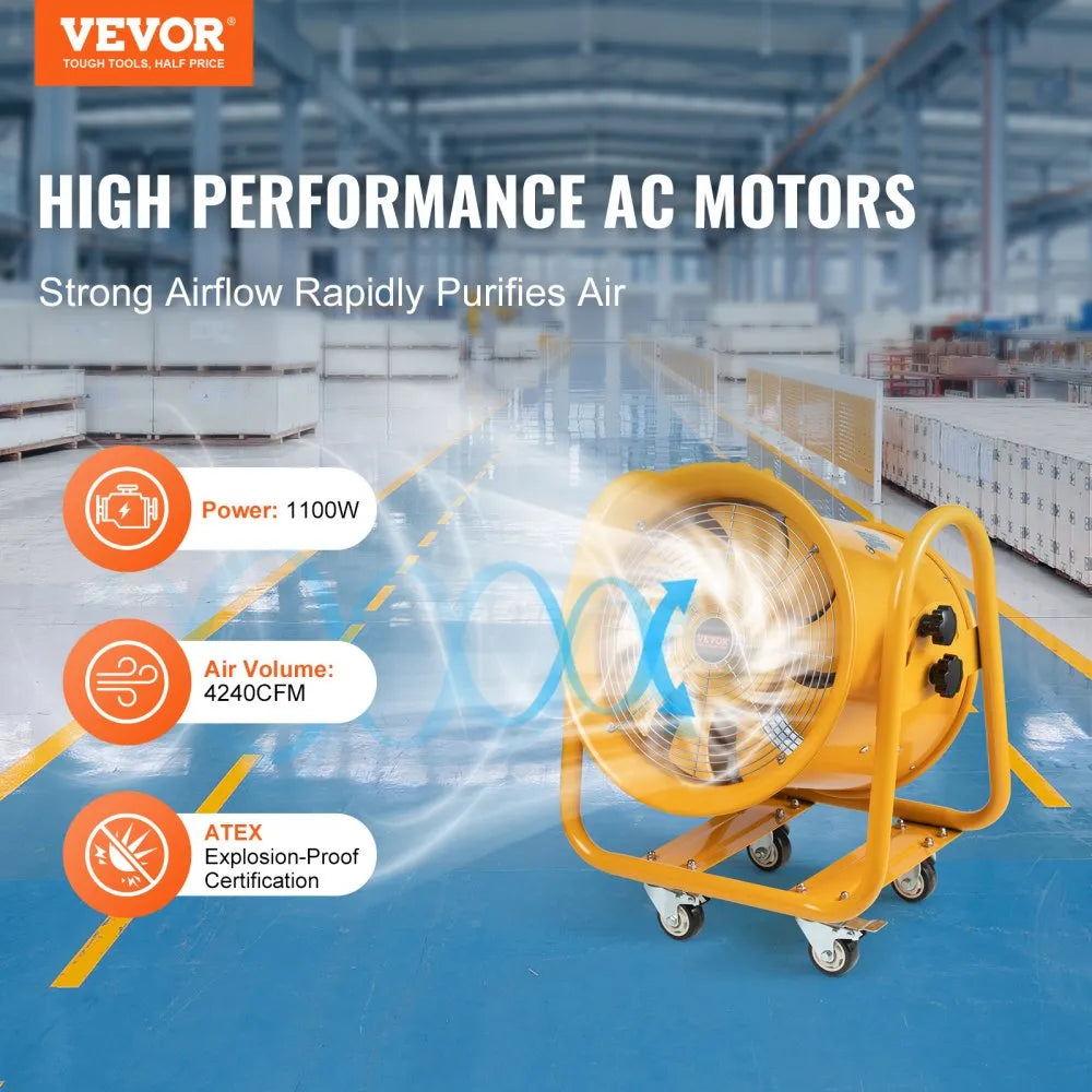 VEVOR Portable Ventilator, 16" Cylinder Fan, 1100W Industrial Blower, Shop Exhaust Fan, Dust Extraction Fan, Smoke Removal Blower, Heavy Duty Utility Fan, AC120V Portable Ventilator, Industrial Ventilation Fan, Workshop Cylinder Fan