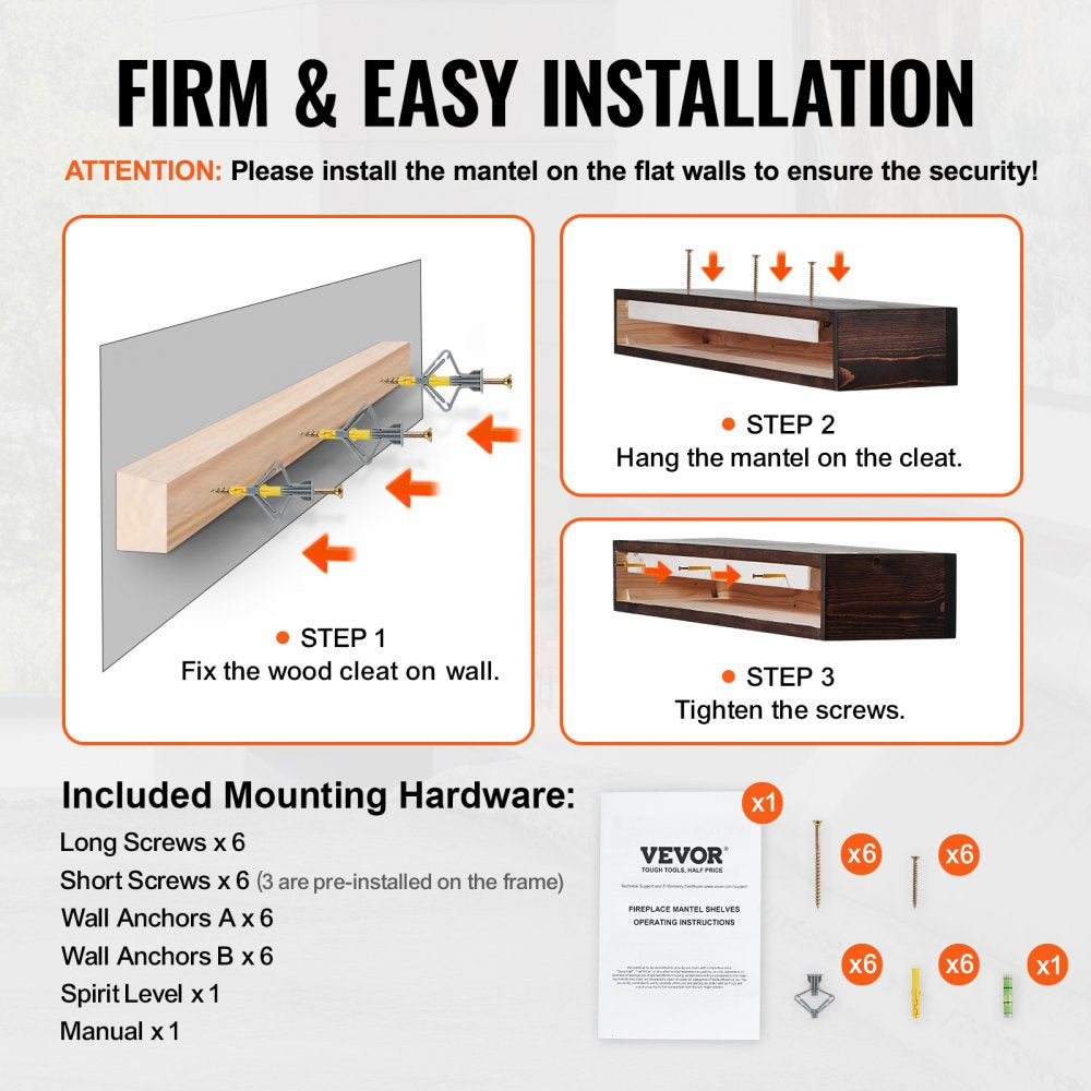 VEVOR Fireplace Mantel Wood Shelf Floating Rustic Fireplace Mantel 48" Brown 