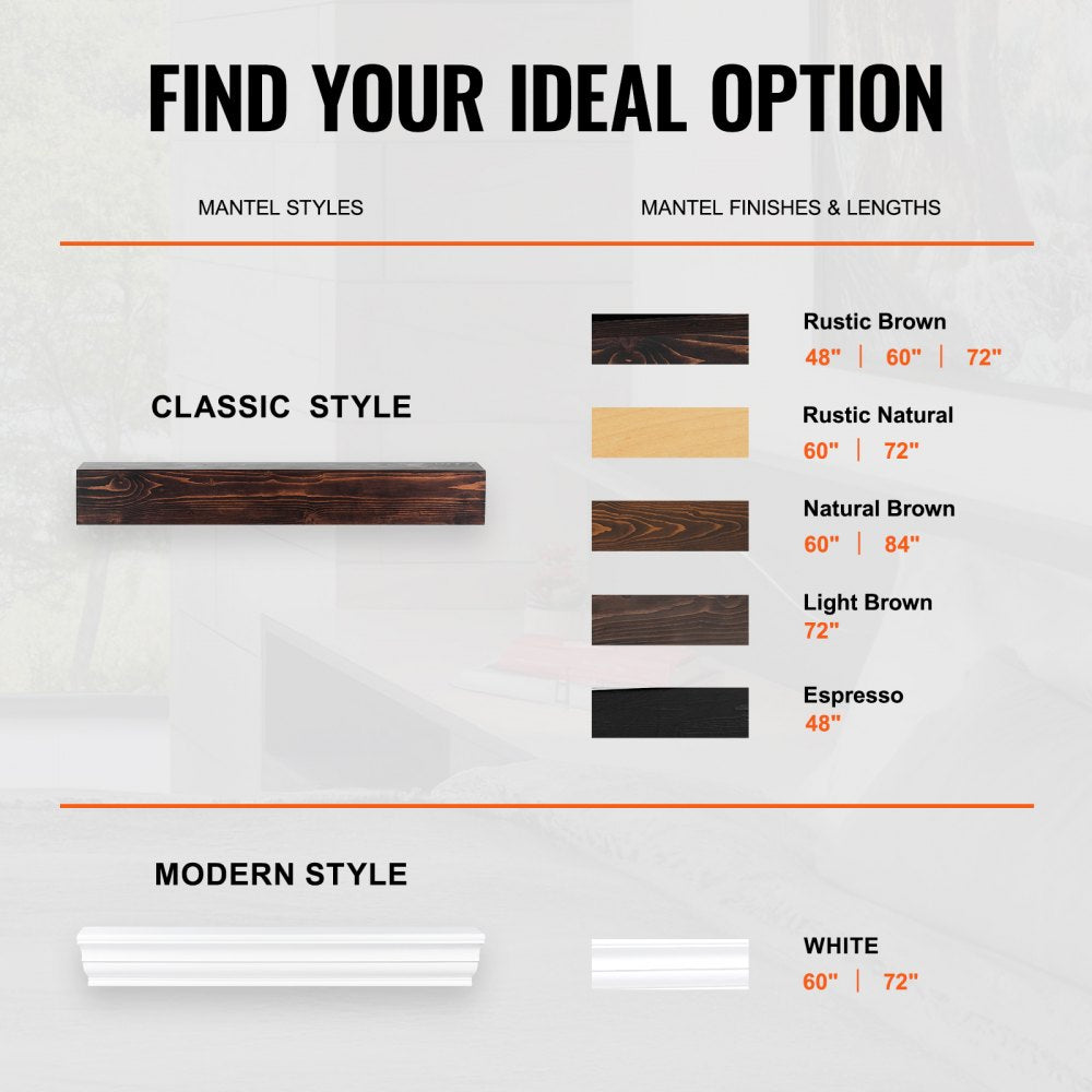 VEVOR Fireplace Mantel Wood Shelf Floating Rustic Fireplace Mantel 48" Brown 